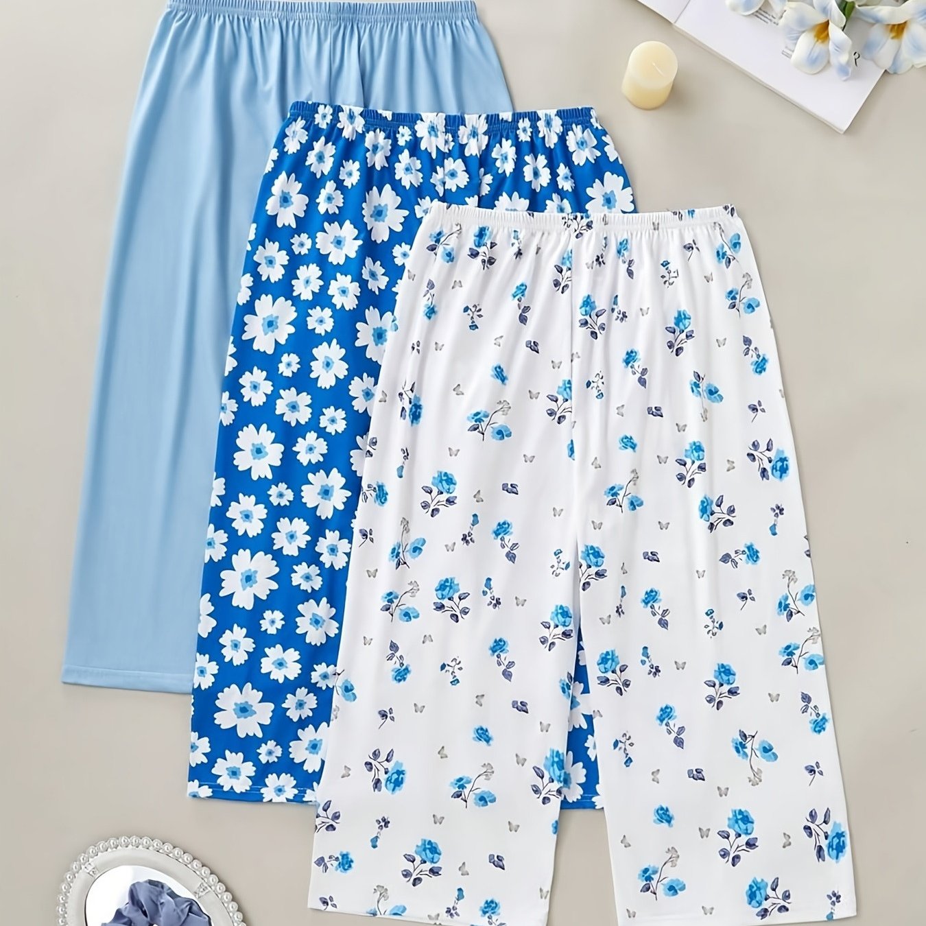 TEMU Women' Color And Floral Print 3pcs Sleep Pants Set
