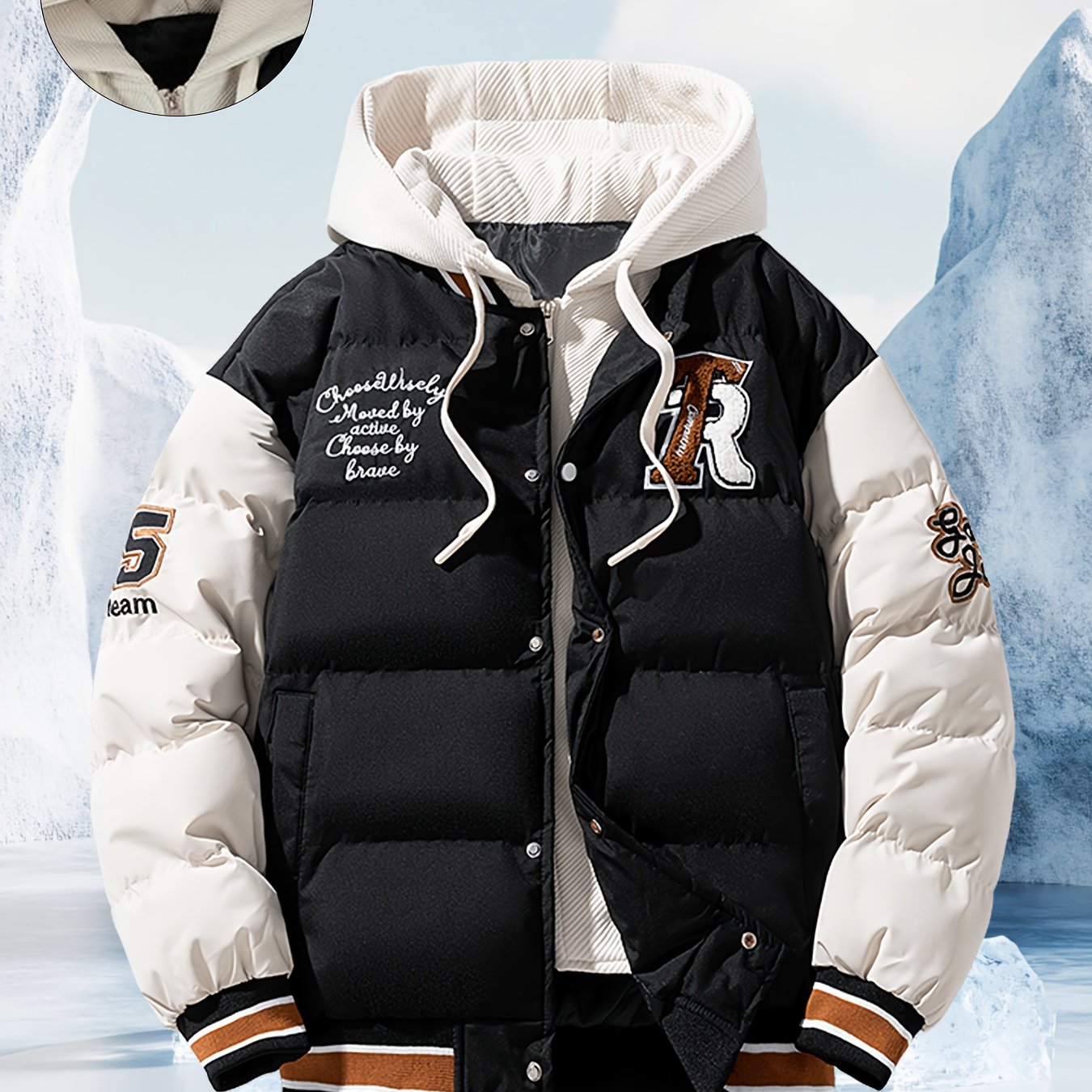 TEMU Chaqueta de moda de invierno para hombre, parka tipo de moda con capucha y estampado de , chaqueta acolchada para , con cremallera, con botones,