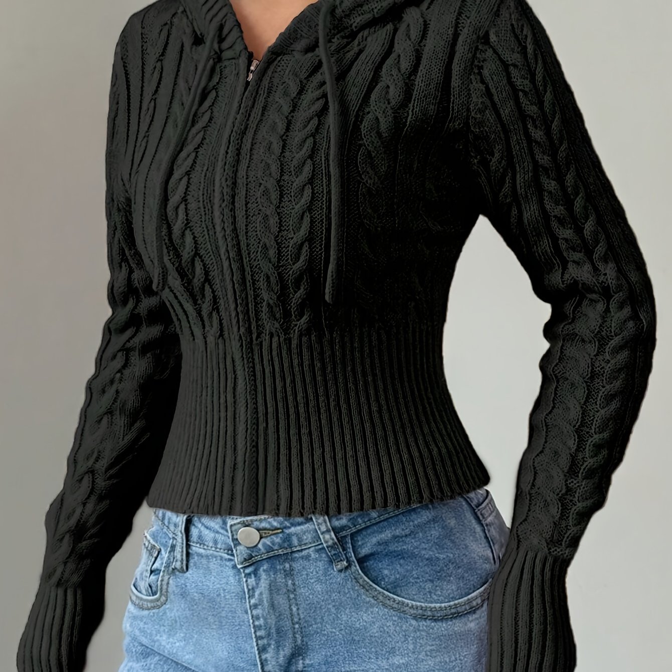 Image of Women's Autumn And Winter Hooded Zippered Slim Fit Solid Color Long Sleeve Casual Sweater Cardigan
