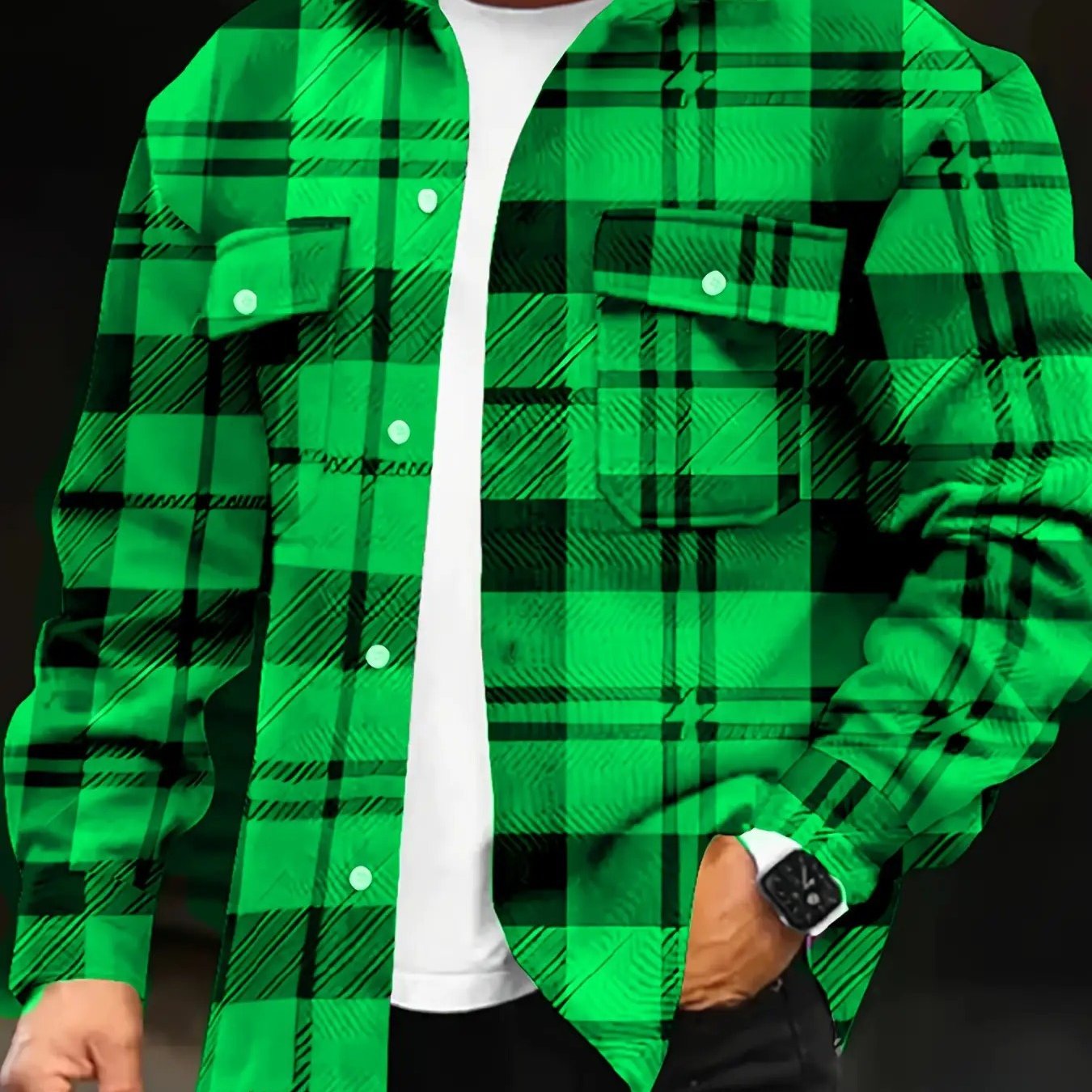 Image of Men's Black & White Shirt Long Sleeve Button With 2 Chest Pockets Casual Shirt Jacket