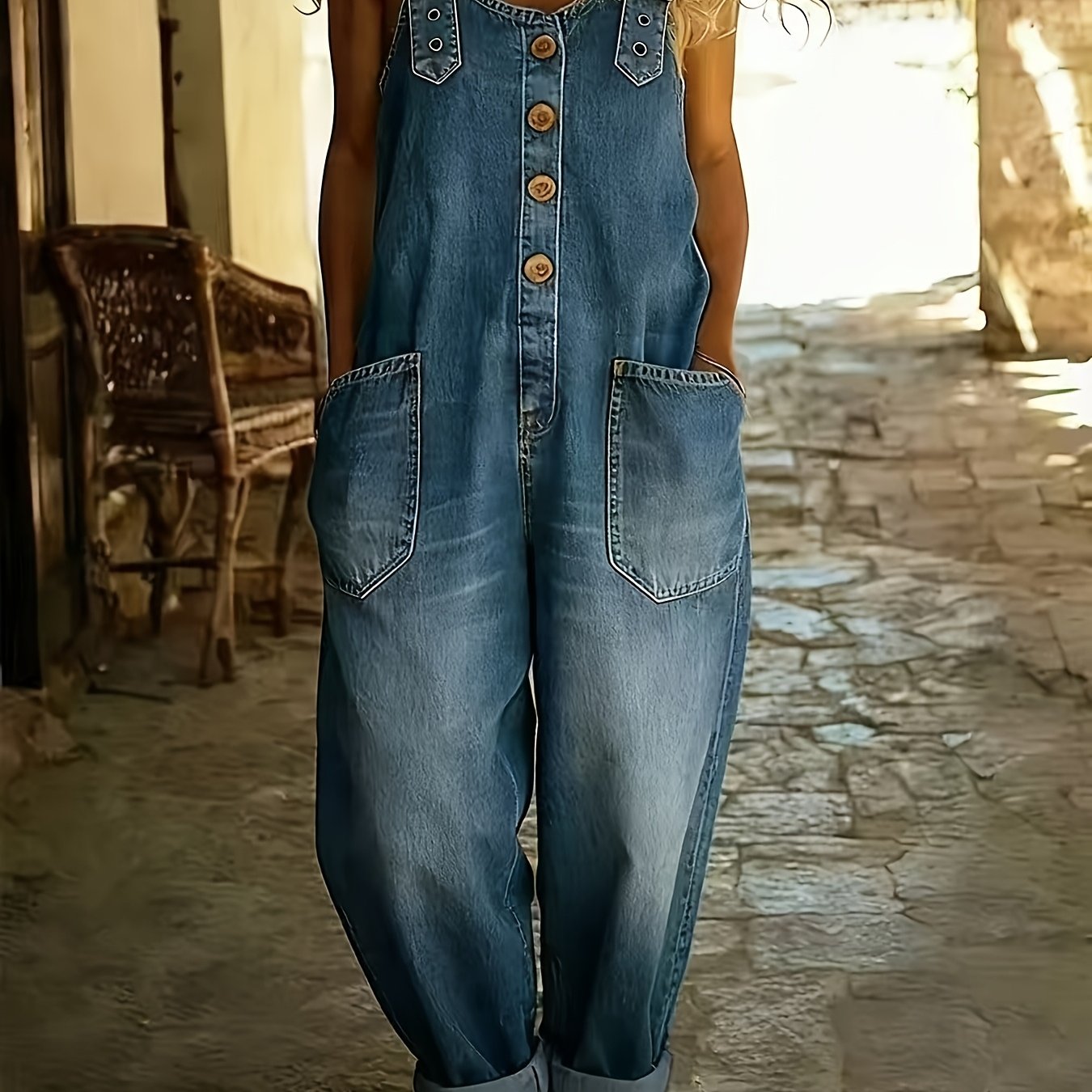 TEMU Denim Overalls With Adjustable Shoulder Straps, Rollable Pant Cuffs And Patch Pockets
