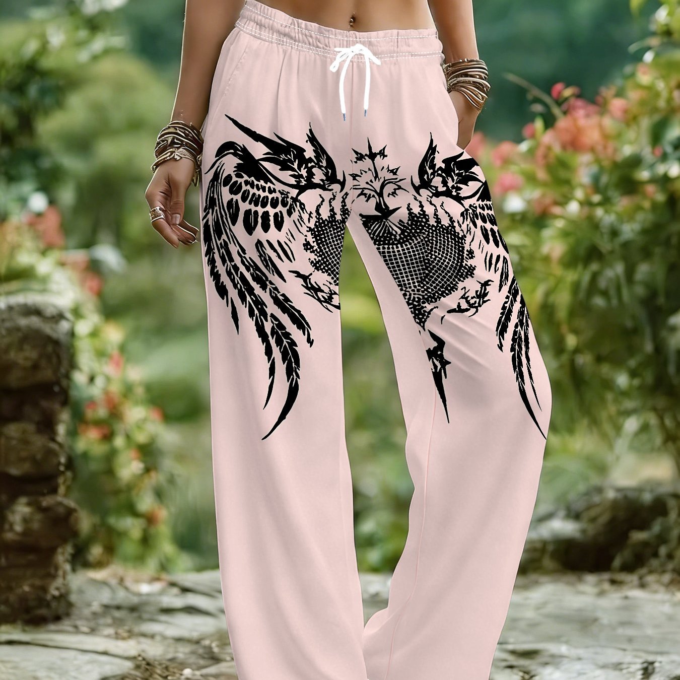 TEMU Women' Pink Wide-leg Pants With Pattern Trousers - Loose Fit Full-length Leg Print, Machine Washable Suitable For Dating, Parties, Casual Attire
