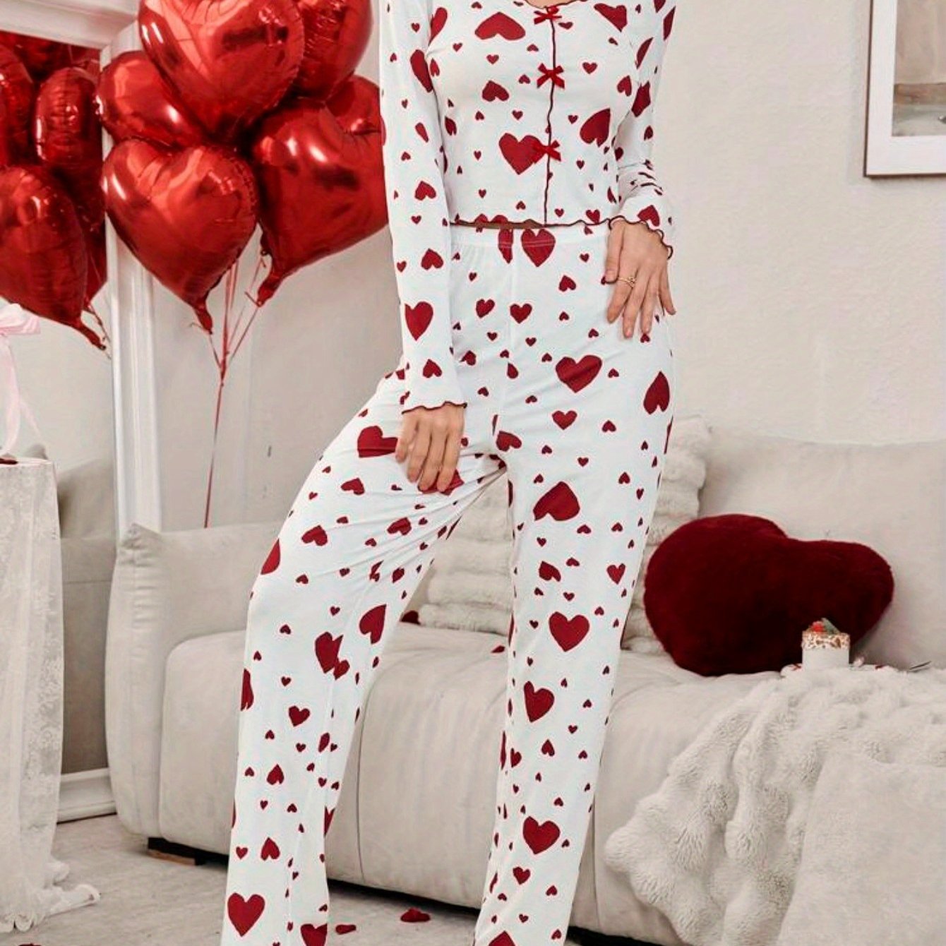 E-shop Jugendlicher Frühlings-/Herbst-Herz-Pyjama-Set, lässiges, bequemes Hauskleidungs-Outfit, für Teenager, für Teenager