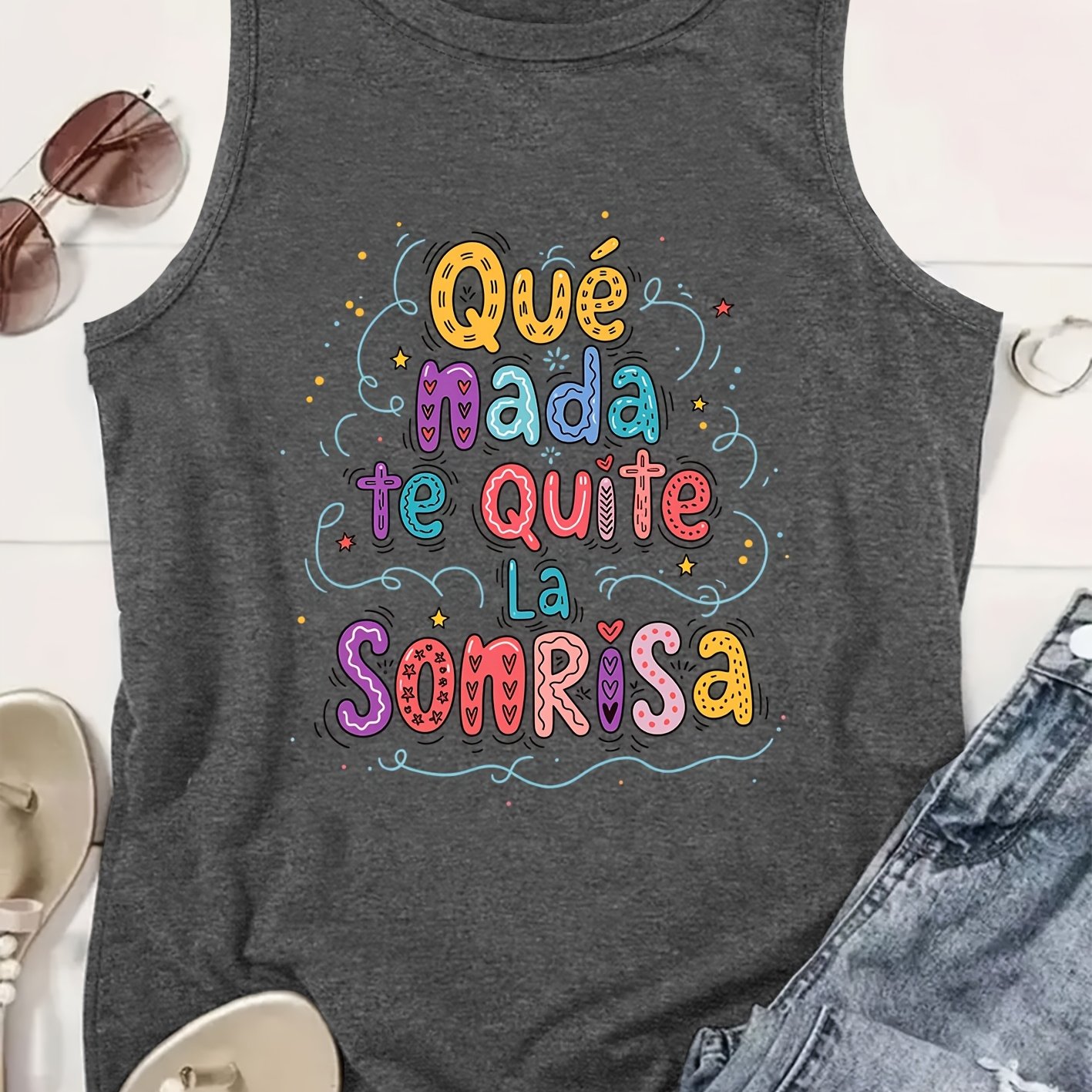 TEMU Camiseta sin para mujer "Que te " con estampado de texto de colorido, estilo de /verano con cuello , tela adecuada para /verano, trayectos