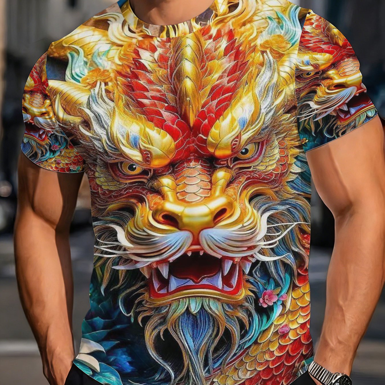 TEMU Chinese Style Dragon Totem T-shirt, Trendy And Chinese Chic Top, Dragon Pattern Short Sleeve, Showcasing Of , Fashionable, Casual, And Versatile