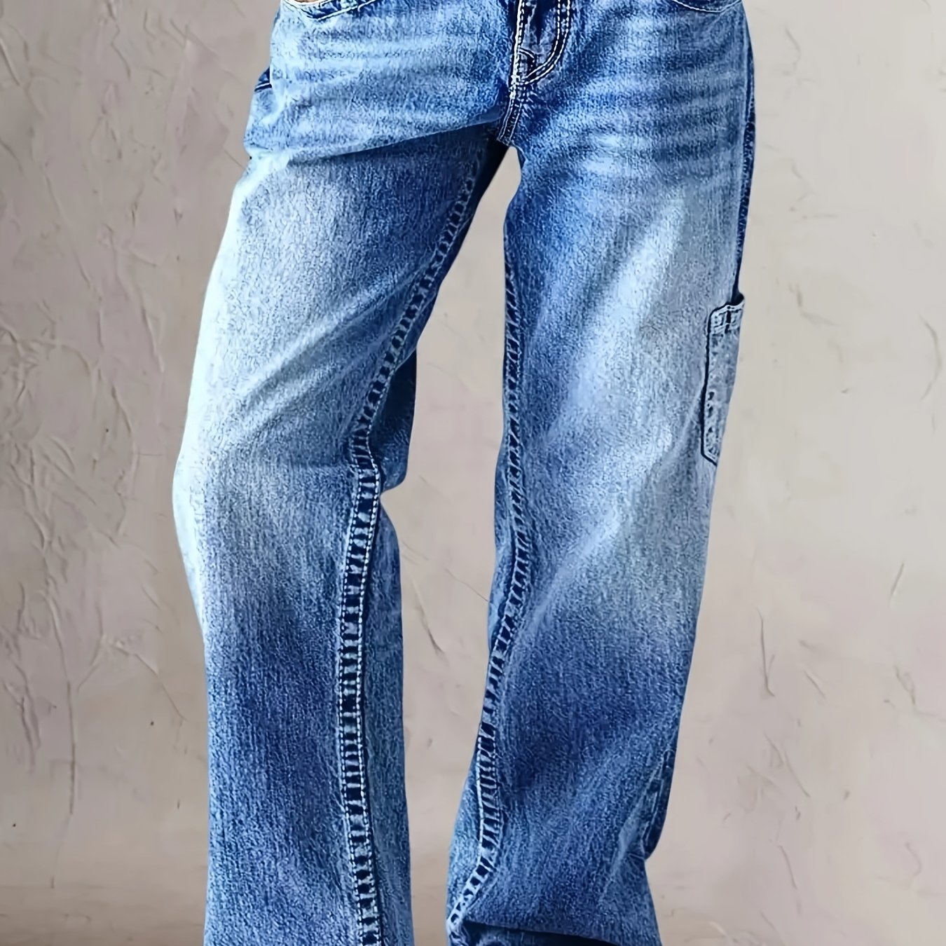 Image of Women's Retro Casual Jeans, Mid-waist Stretch Loose Straight-leg Workwear Style, Durable Multi-, Retro Water Wash Cat Beard Pattern, Polished , A Simple And Versatile Pair Of Denim Long Pants