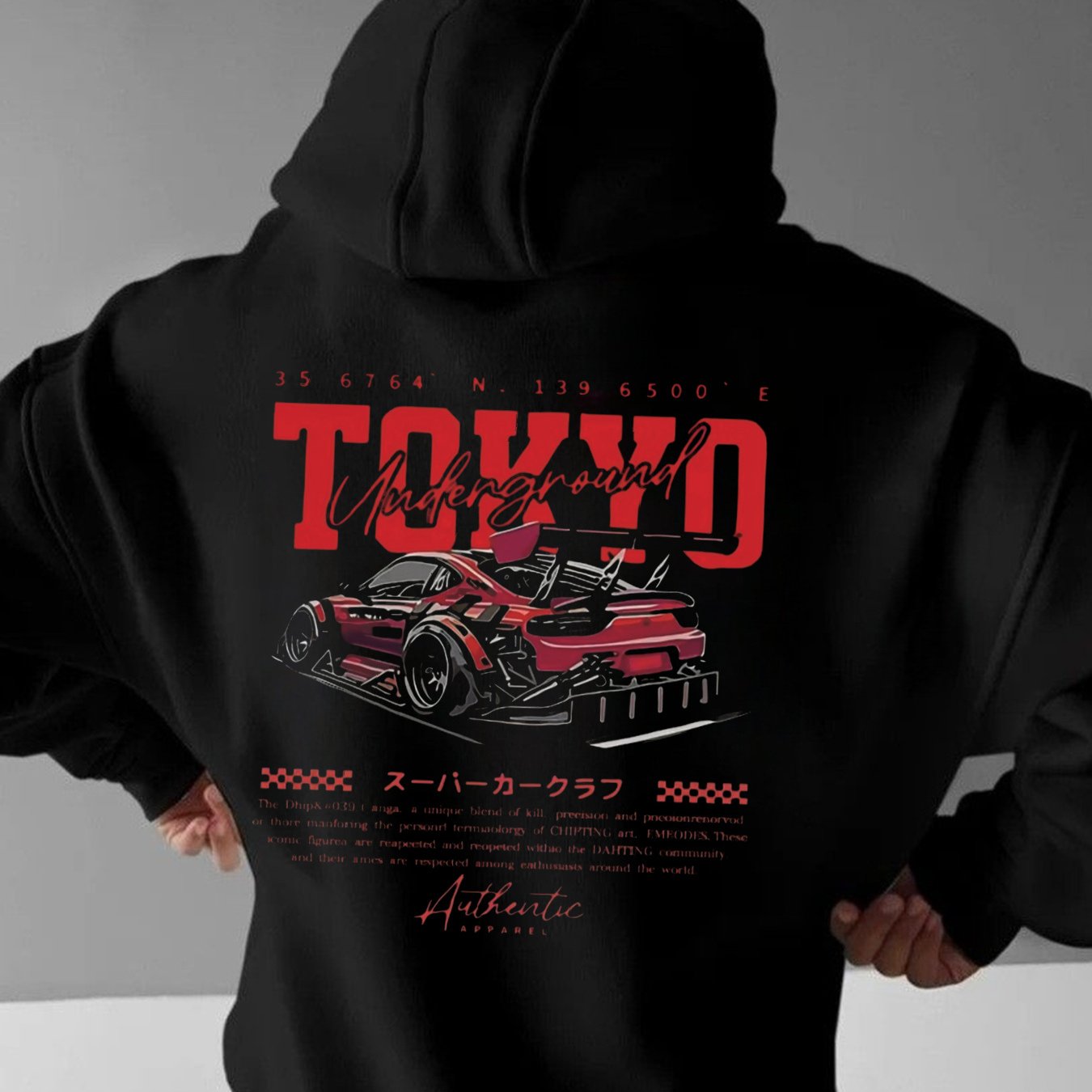 Image of Autumn Men's Tokyo Car Print Black Hoodie: Casual Streetwear, Comfortable Cotton Fabric, Loose Fit, Ideal Gift With Stylish Urban Design