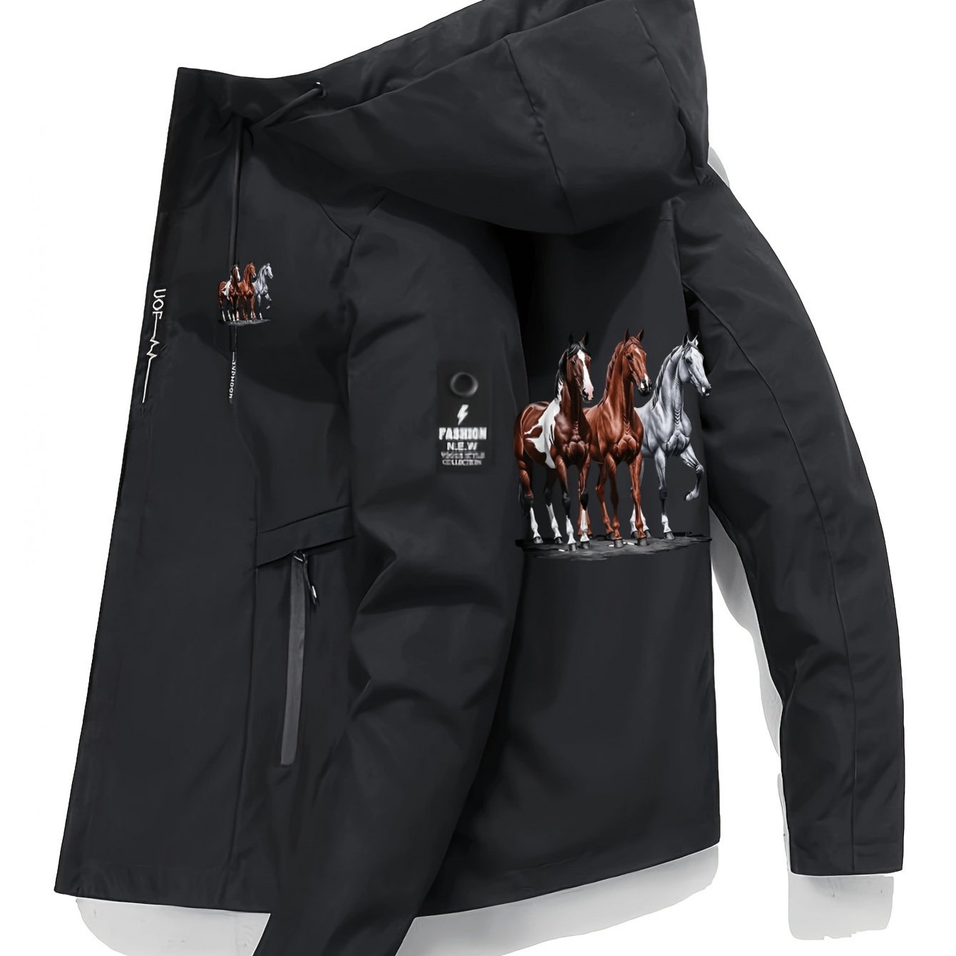 TEMU Men's Fashionable Hooded Windbreaker, With Horses Pattern, Stylish With Zippered Pockets, Suitable Outdoor Activities And Casual Wear