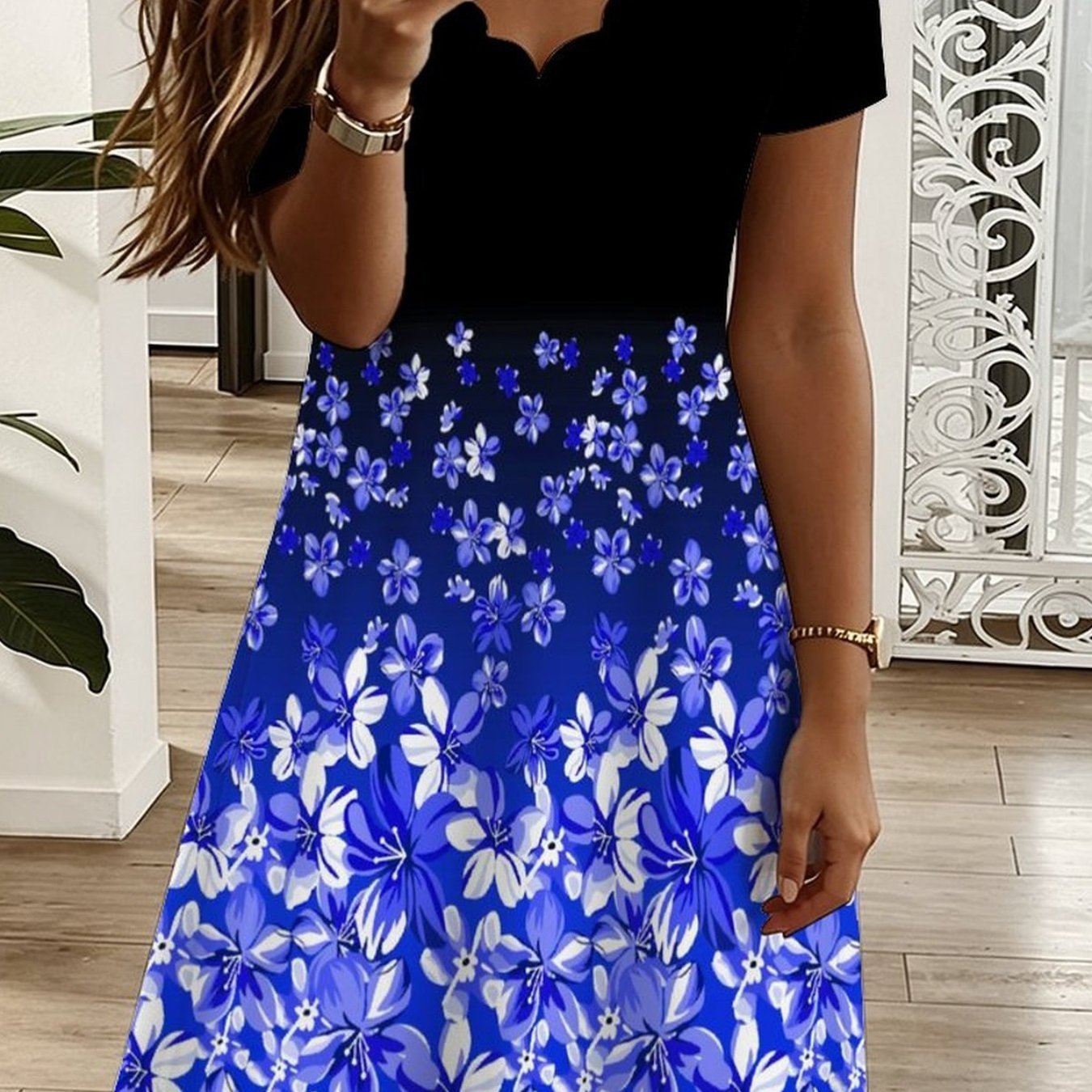 Plus Size - Summer -neck Short Sleeve Dress, All Over Geometric , Elegant Women Dress For Vacation Casual Party
