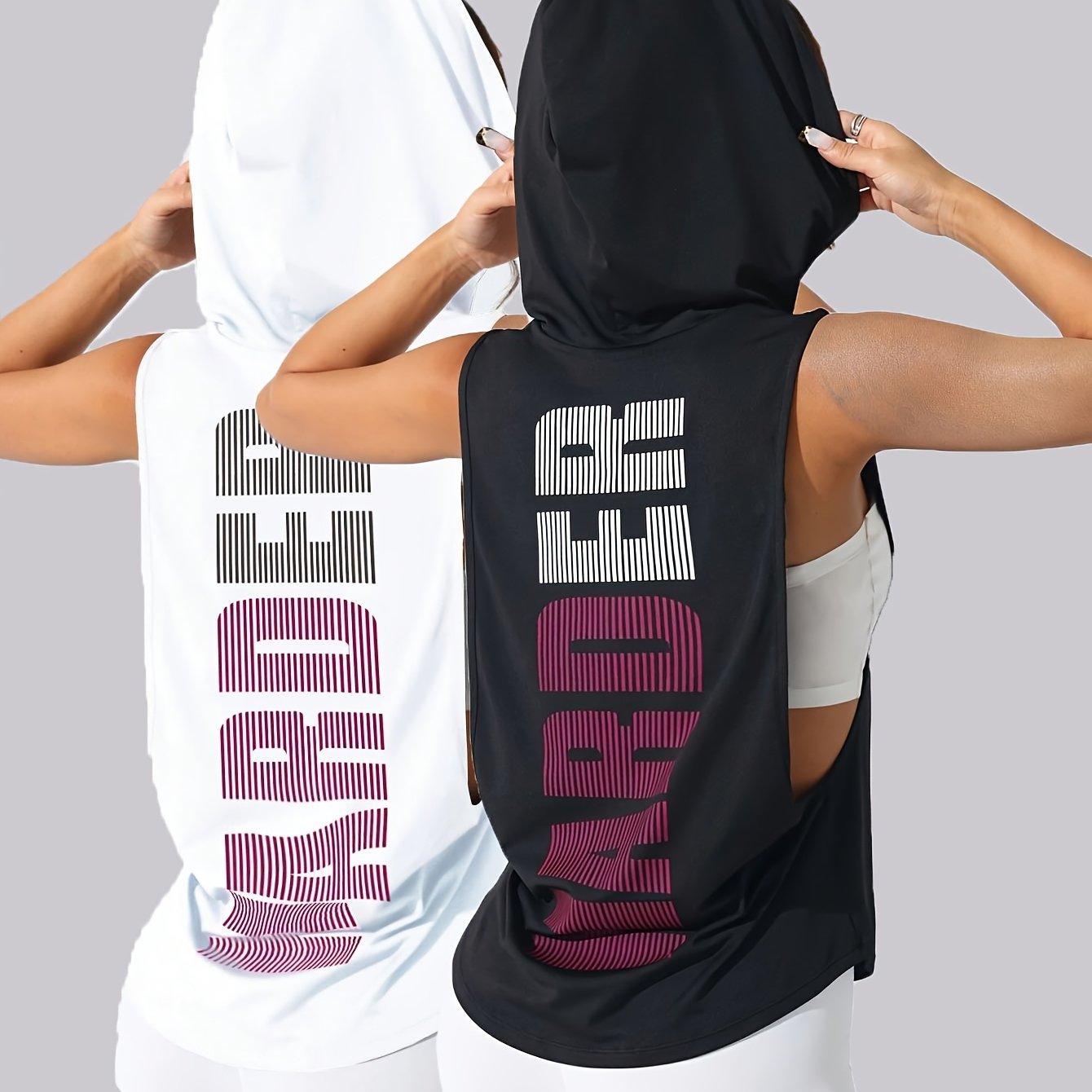 Image of Western Fashion Printed Women's 100% Polyester 2pcs Casual Sport Hooded Tank Top T-shirt