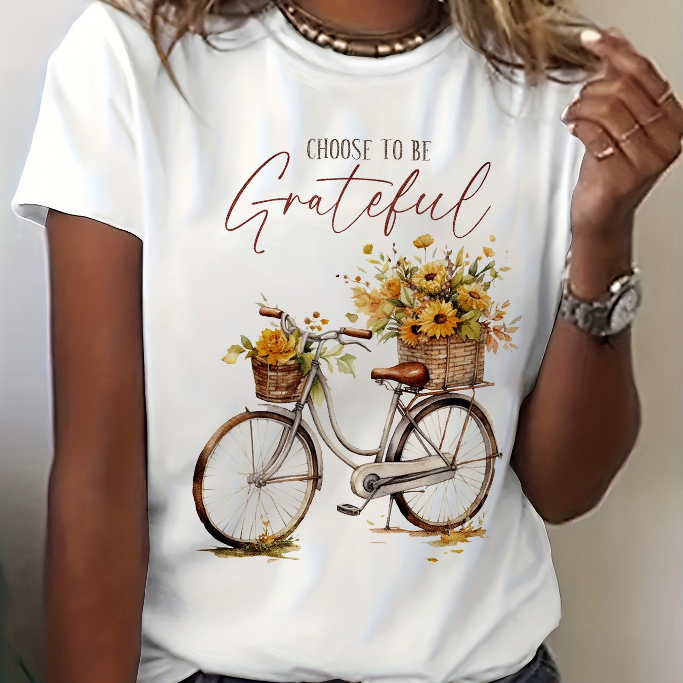 Image of Grateful Flowers Bike Graphic Print T-shirt, Short Sleeve Crew Neck Casual Top For Summer & Spring, Women's Clothing