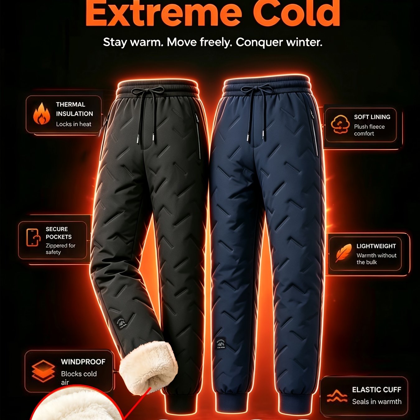 TEMU 2pcs Men's Thermal Loungewear Winter Pants With Zippered Pockets - Coldproof Warm Trousers Suitable For Home, Work & Outdoor, Machine Washable,