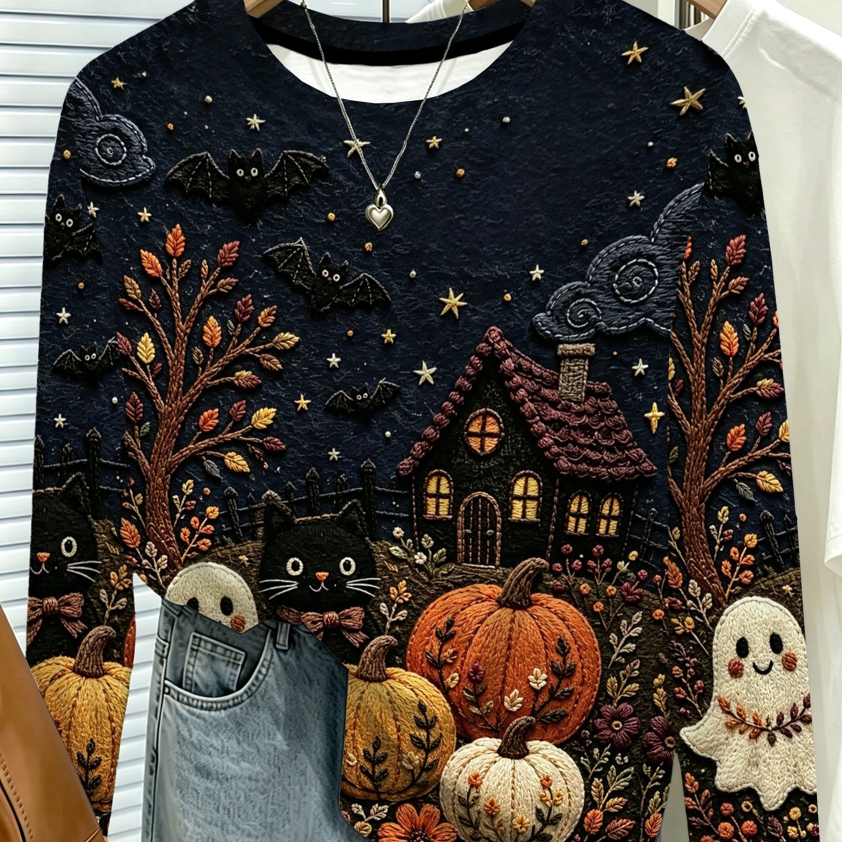 TEMU Printed Design - Texture-free Halloween Embroidery Feel Printed Long-sleeve T-shirt, Women's New Autumn Crew Neck Base Layer, Full-print