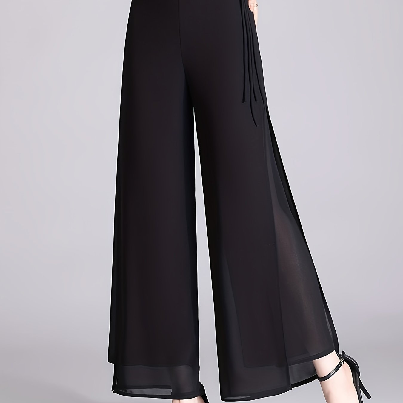 E-shop Leichte Damen-Chiffon-Hosen mit Doppellagig und Weitem Bein - Schwarze, Halbtransparente Hosen mit Kordelzug, Lockerer Sitz für Frühling Sommer