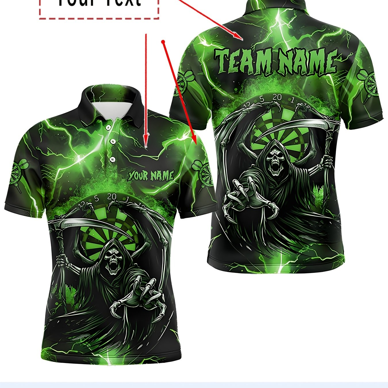TEMU Men's Name/number Darts T-shirt With Green Reaper Design - Ized Dart Shirt Suitable For Training, Competitions & Casual Wear - Breathable