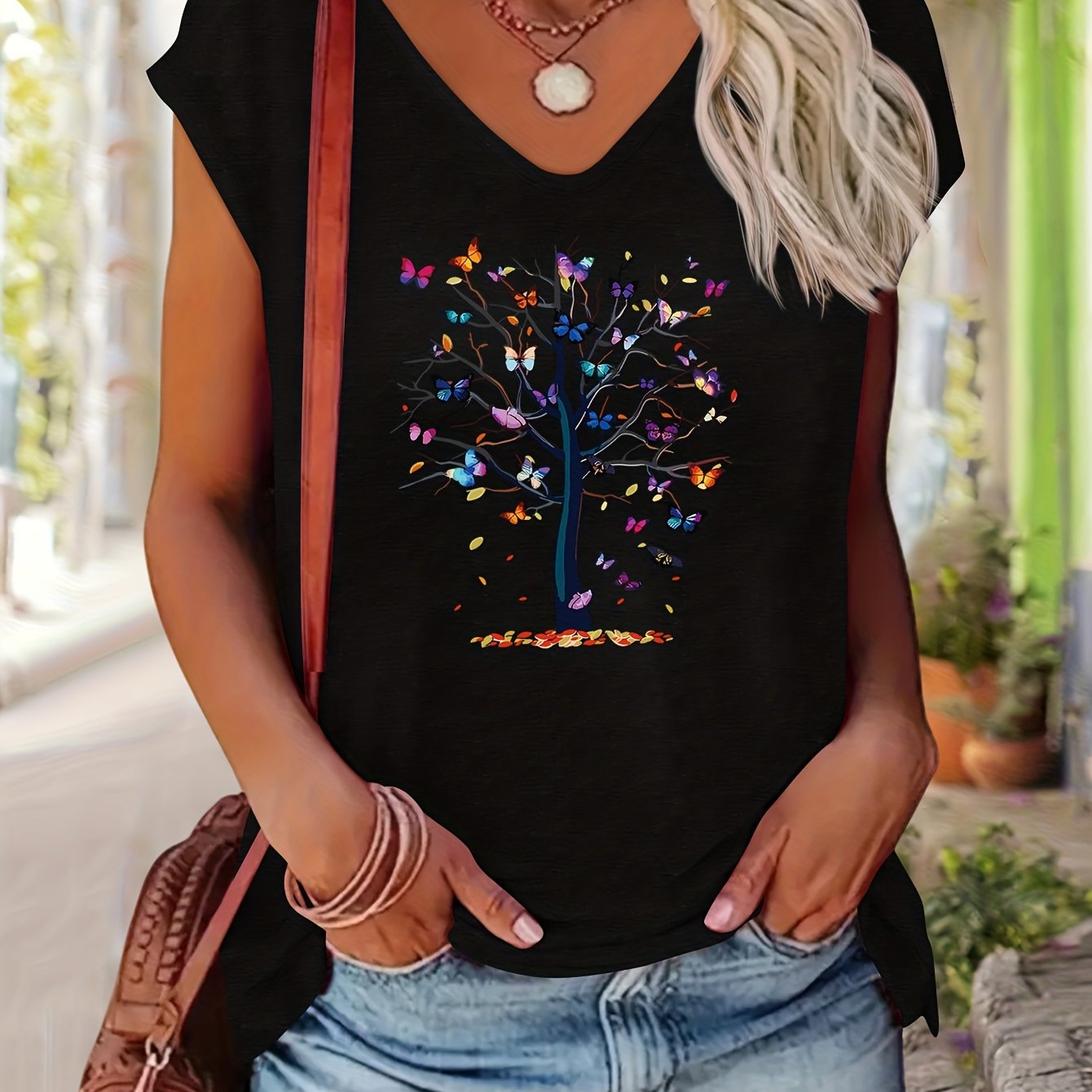 TEMU Women's Casual V-neck Short Sleeve T-shirt With Tree Print - Lightweight Stretchy Fabric, Relaxed Fit For Spring Summer Beach Vacation & Casual