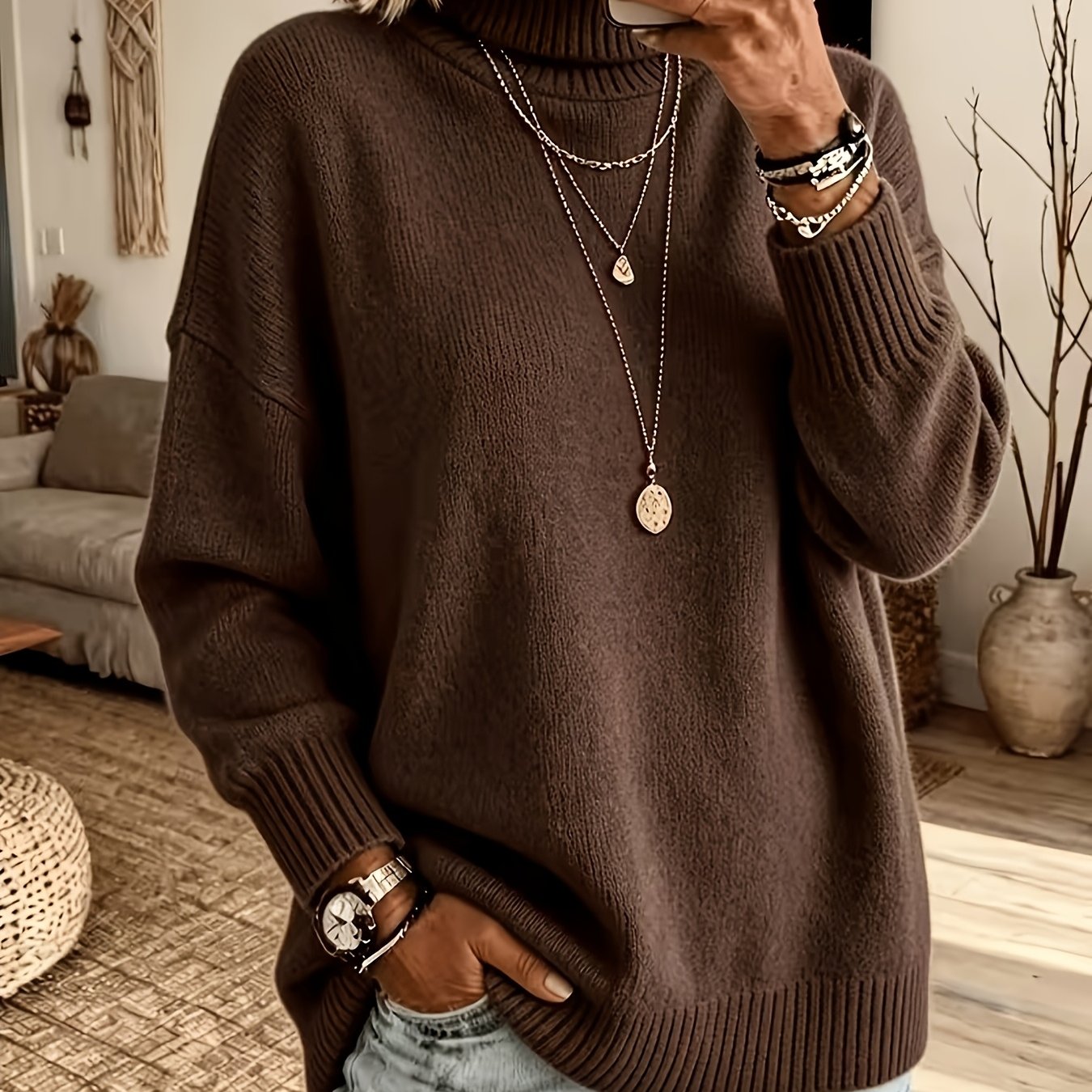 TEMU Suéter extragrande de cuello estilo coreano - Suéter y agradable para usar en capas, túnica holgada de larga, básico de otoño invierno para