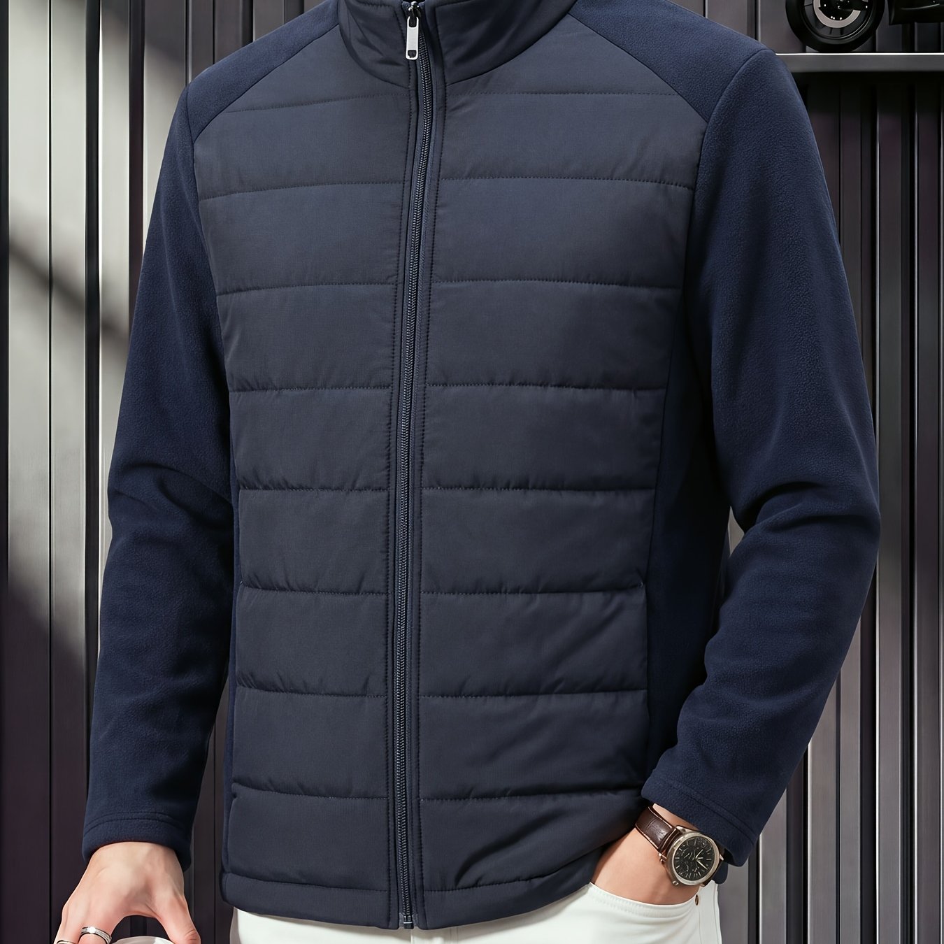 TEMU Men's Winter Thickened With Collar, Zipper Front, Casual And Warm-keeping -padded Jacket, Simple And Versatile, Cozy With Wool Filling