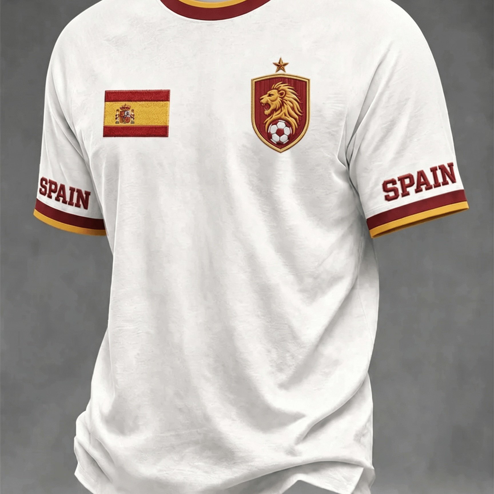 TEMU [Design d'impression - Non-texturé] T-shirt de football espagnol jeunesse 2026, Maillot de soccer avec badge de lion imprimé, Unisexe, Col rond,