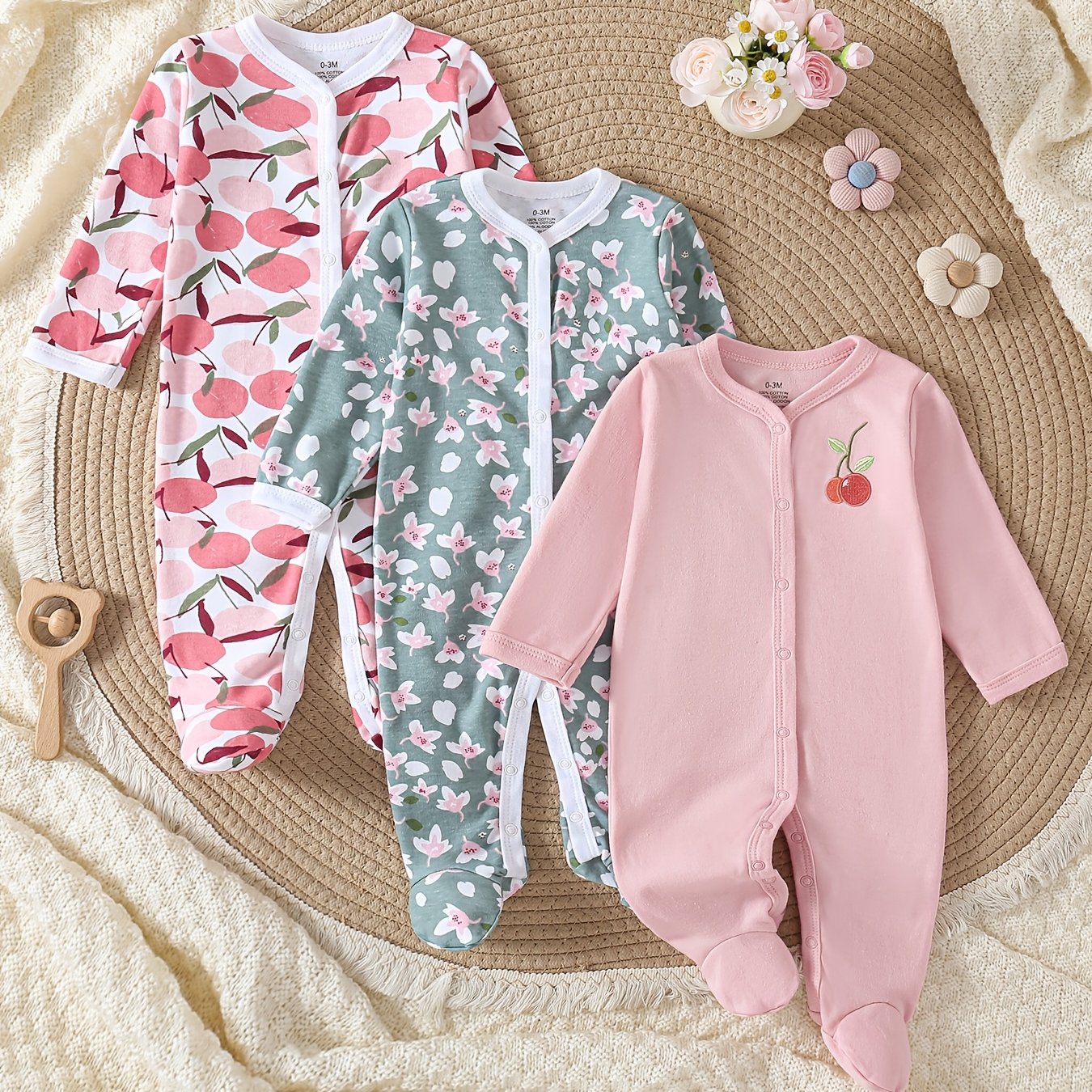 Image of 3pcs Newborn Romper Cherry Embroidery Floral Print Cute Jumpsuit Long Sleeve Footed Clothes Set, For Outdoor