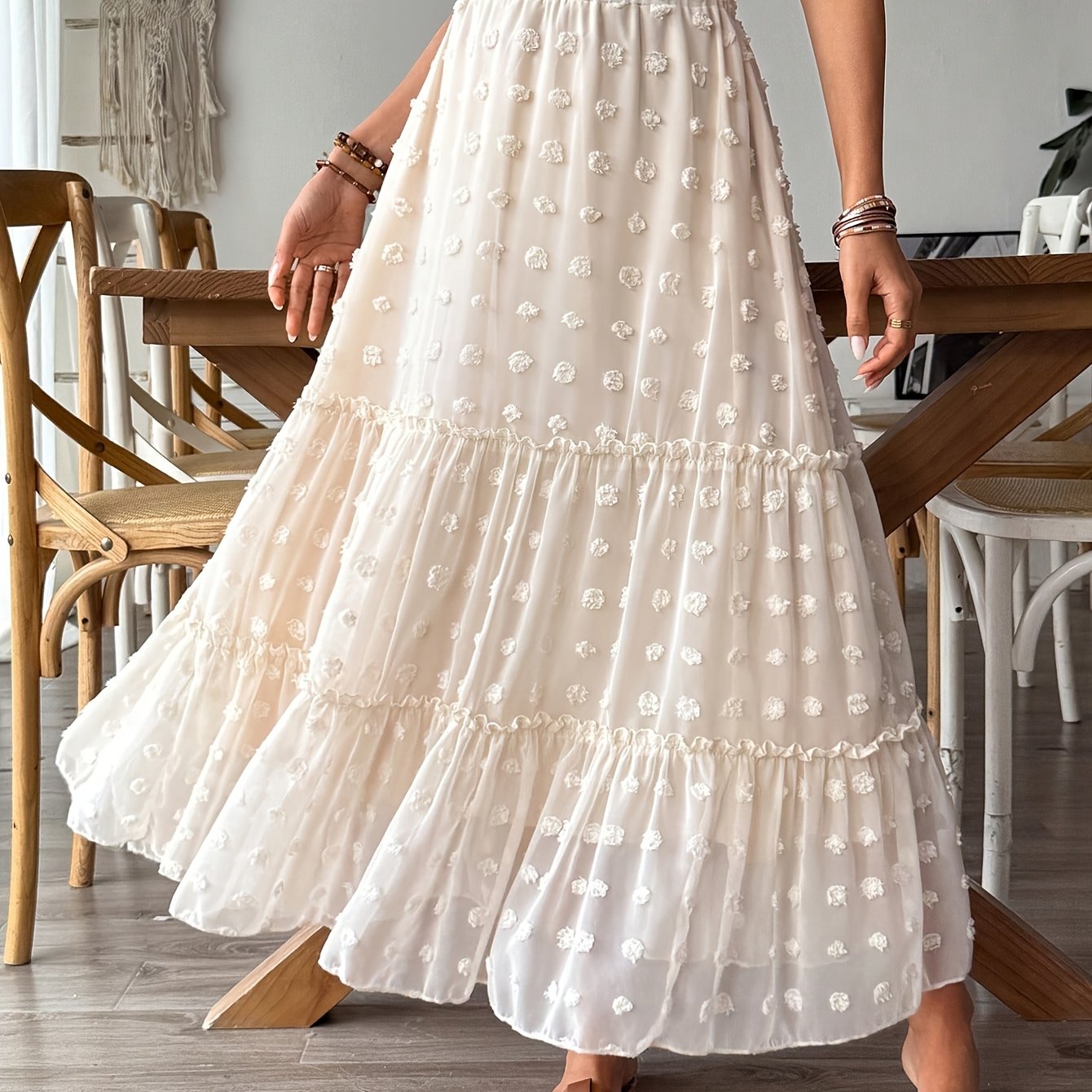 Image of Ladies' Elegant And Casual Chiffon Pompom Hollowed-out Skirt Summer Versatile Bohemian Style Long Women's Skirt
