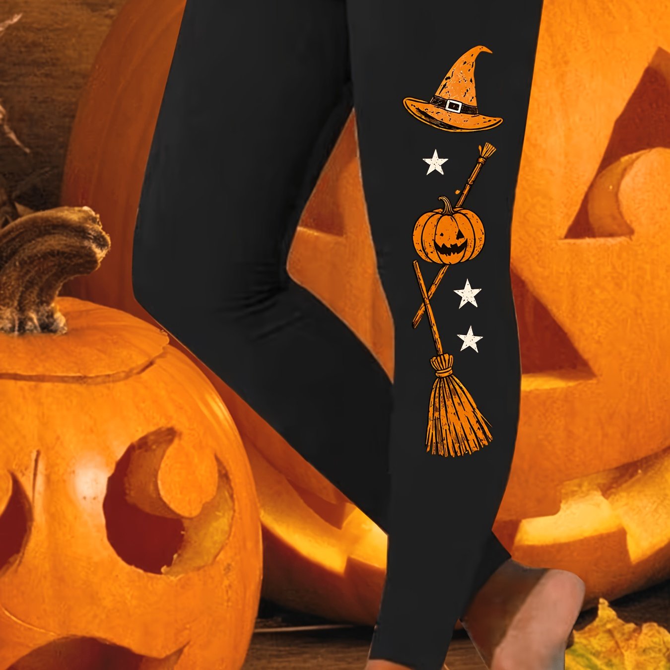 TEMU Women' High-waisted Witch Broom & Pumpkin Print Leggings - Stretchy Tight Pants Suitable For Halloween Costumes, Themed Parties, Casual Attire,