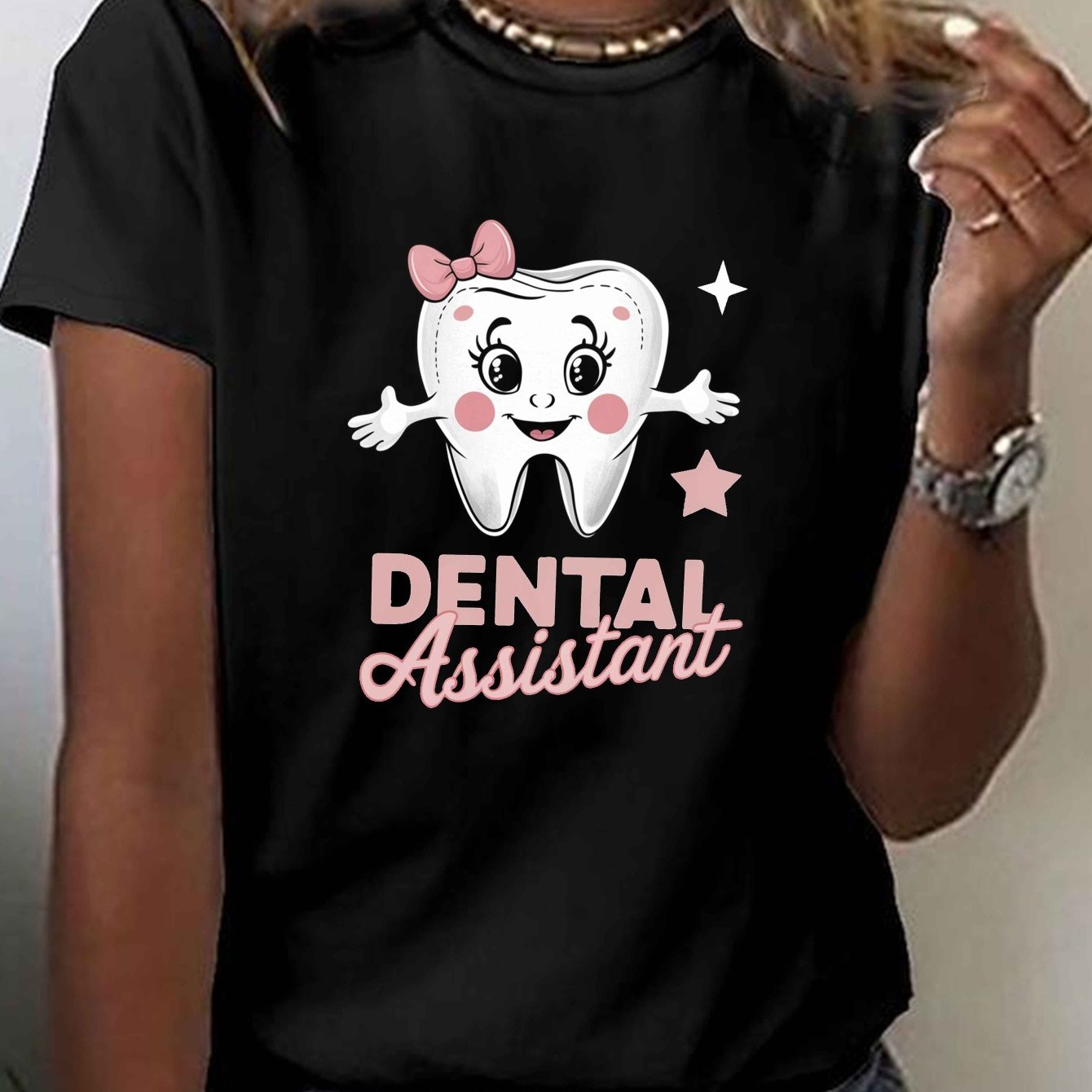 TEMU Dental Assistant Print T-shirt, Short Sleeve Crew Neck Casual Top For Summer & Spring, Women's Clothing