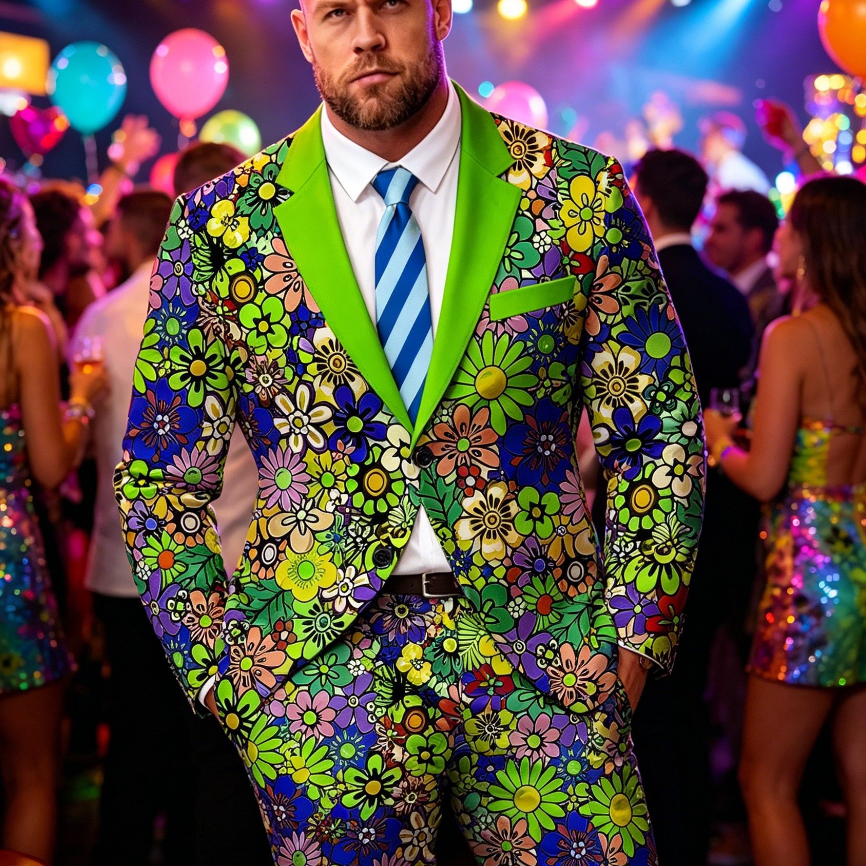 TEMU Men's 2pcs Retro Floral Print Suit, Multicolor Flower Pattern Jacket And Trousers, Hippie Festival Party Outfit, 70s Style Prom Costume,