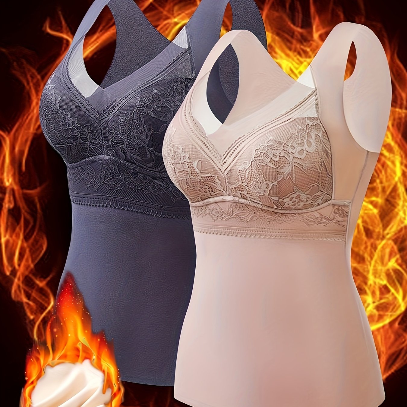 2pcs Contrast Lace Tank Tops, Soft & Comfortable V Neck Thermal Underwear Top, Women's Lingerie & Clothing