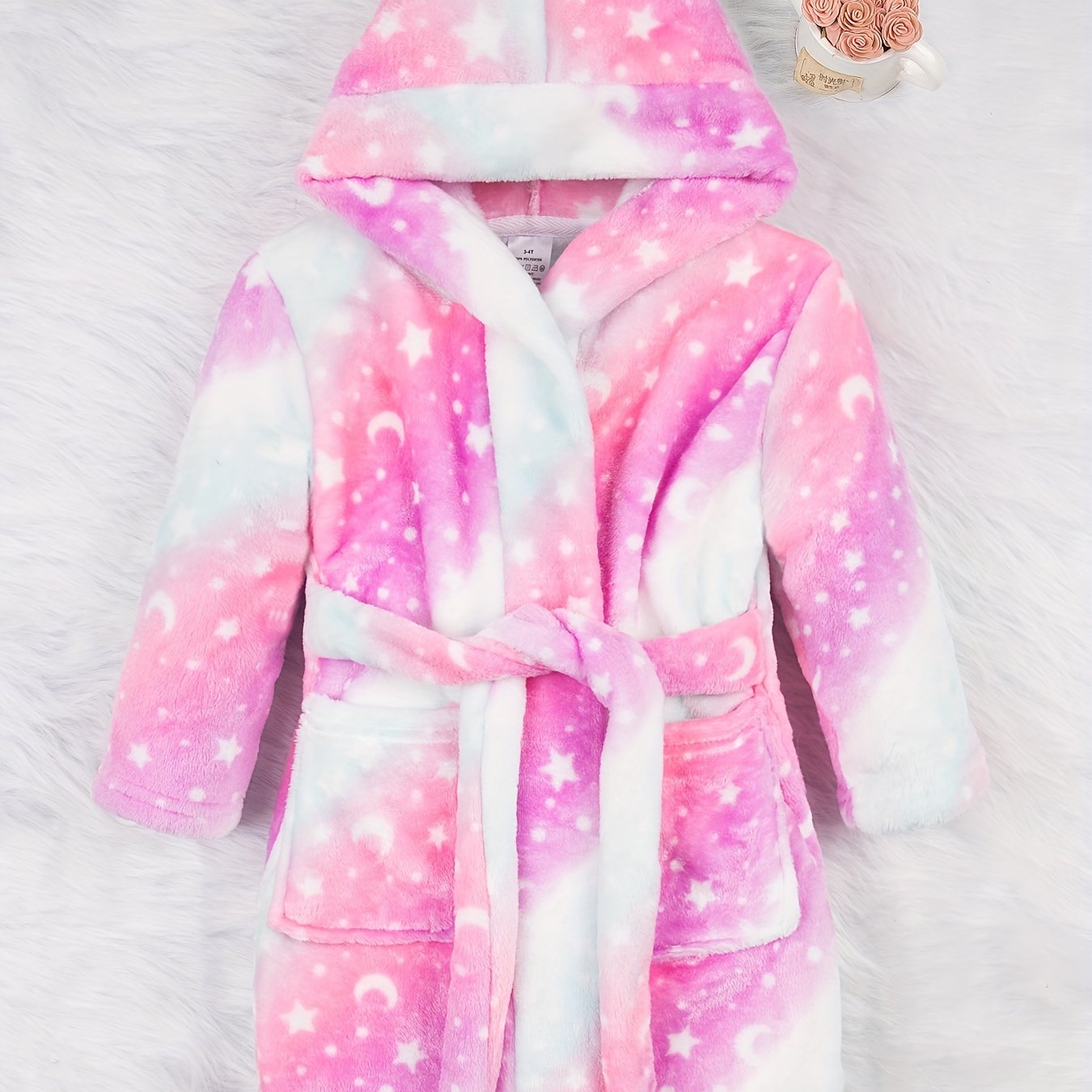 Image of [ Body Label At Bottom Hem Side Seam Or Back Neck] Girls' Robe, Fleece Print Soft Comfortable Party Bathrobe For Children Aged 2-11