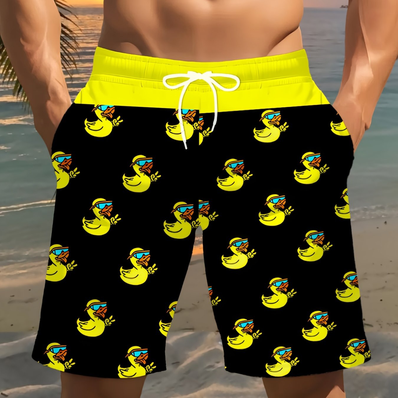 TEMU Men's Quick-dry Beach Shorts With Cool Yellow Duck Pattern- Adjustable Drawstring Waist, Lightweight Swim Trunks For Summer Surfing, Swimming,