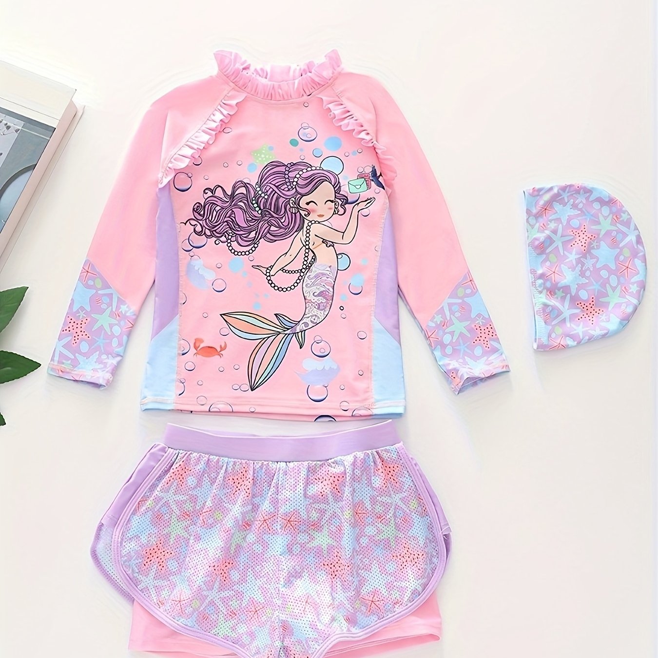 TEMU Girls' Swimwear New Children's Swimwear Bikini Mermaid For Lotus Edge Bow Swimwear Girls' Swimwear Easter Gift