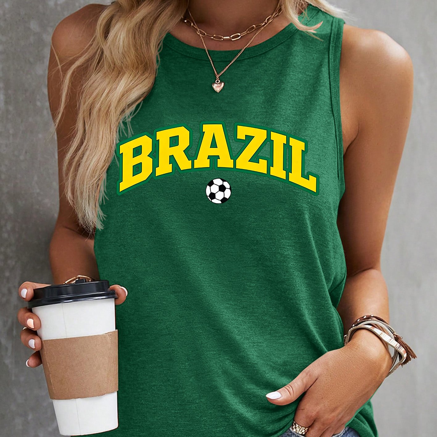 TEMU Women's Brazil Football Letter Print Vest - Vintage Brazil Tank Top With Iconic, Soft Stretchy Crew Neck Shirt Suitable For Parties, Vacations,