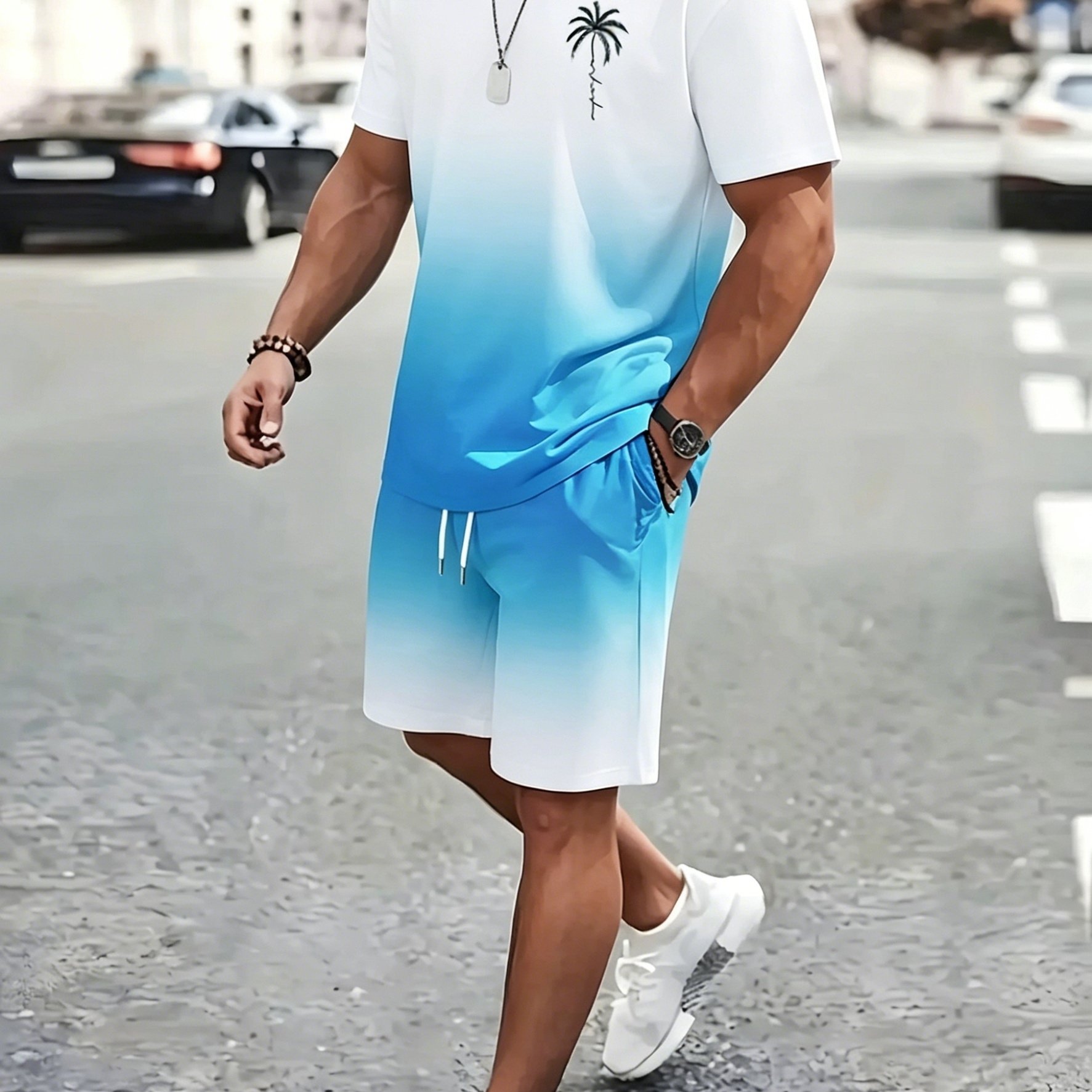 TEMU Printed Design â Not Textured Men's 2pcs Summer Casual Sportswear Set: Short-sleeve T-shirt   Drawstring Waist Shorts, Comfortable, Breathable,