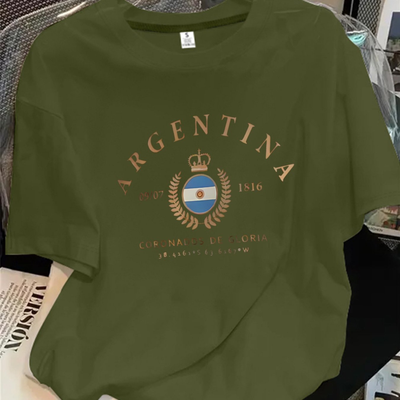 TEMU Women's Fashion Printed Short-sleeve T-shirt With Argentina Flag And Crown Emblem Design, Showcasing . Round Neck Casual Four-season Women's Top