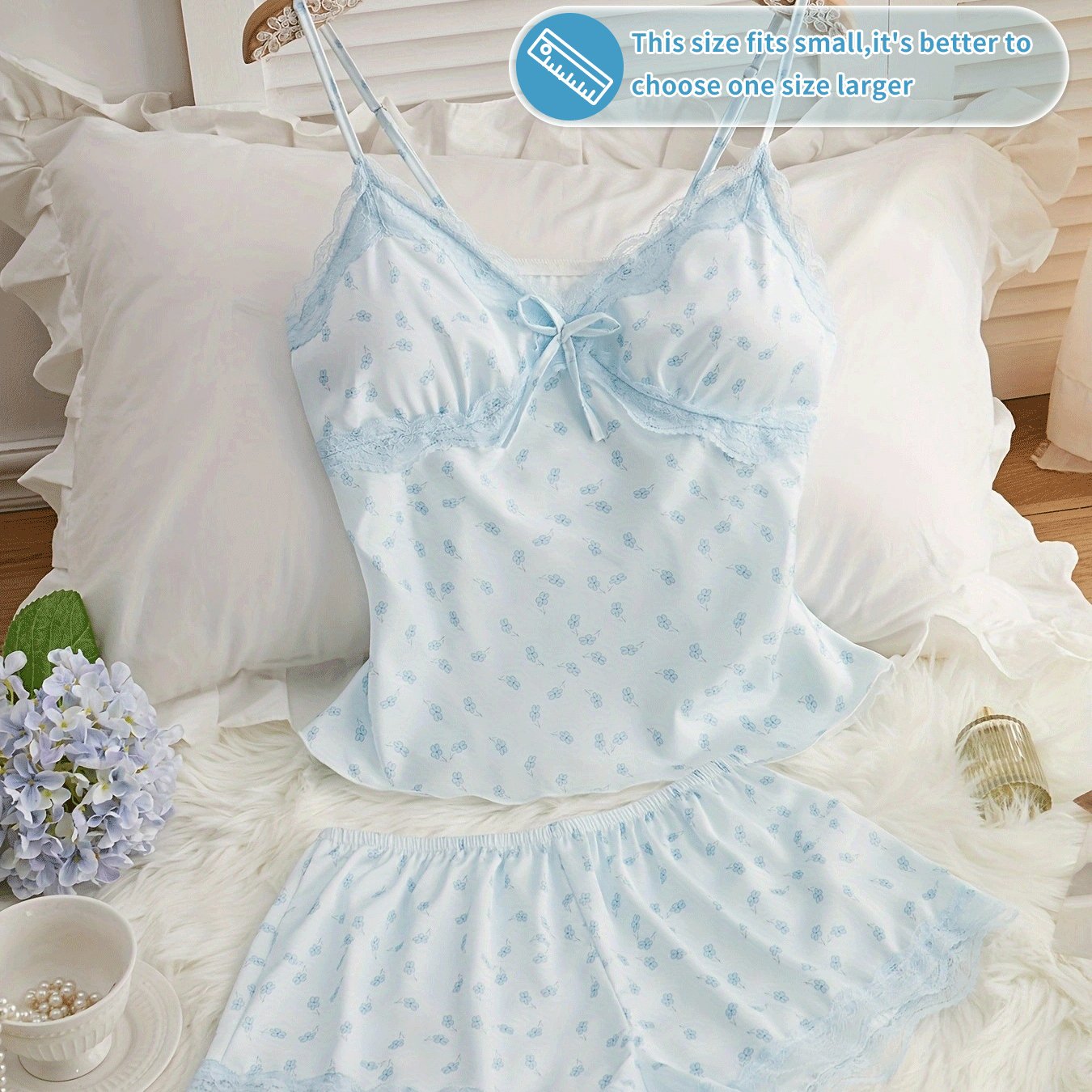 Women's Cute Smooth Pajama Sets With Removable Padding | Elegant V-neck, Lace Trim, Comfortable And Shaping, Floral Reflective Pattern, Skin-friendly Material