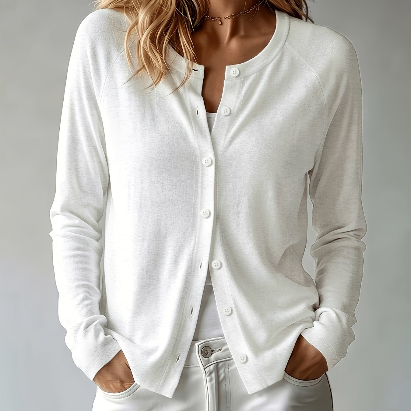 TEMU New Elegant Casual Cardigan, Solid Color Round Neck Long Sleeve, Stylish And Simple Commuter Style, Delicate Thin Cardigan, Lightweight Lazy