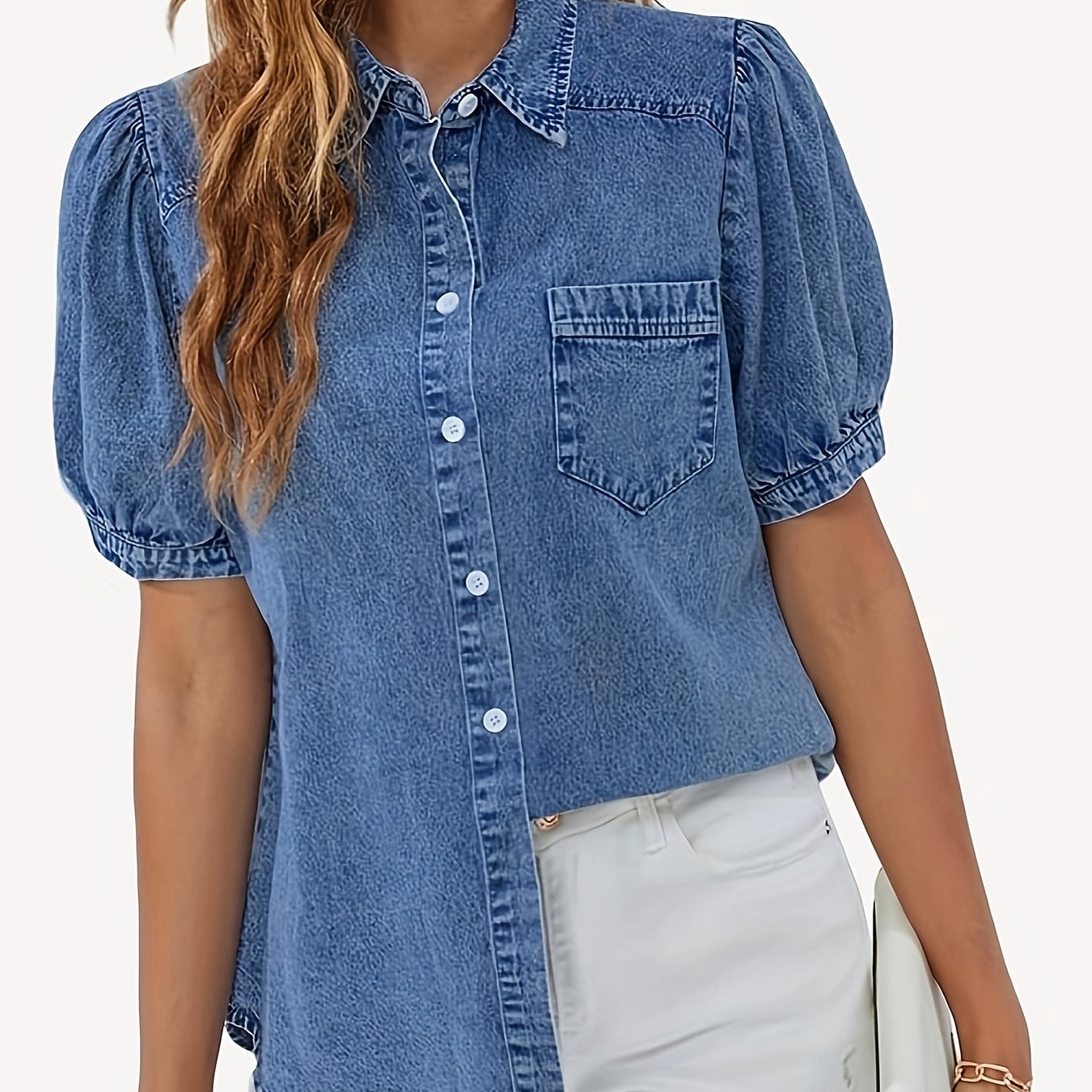 Western Women's Denim Shirt Casual Button-up Work Shirt Puff Sleeve Summer Top