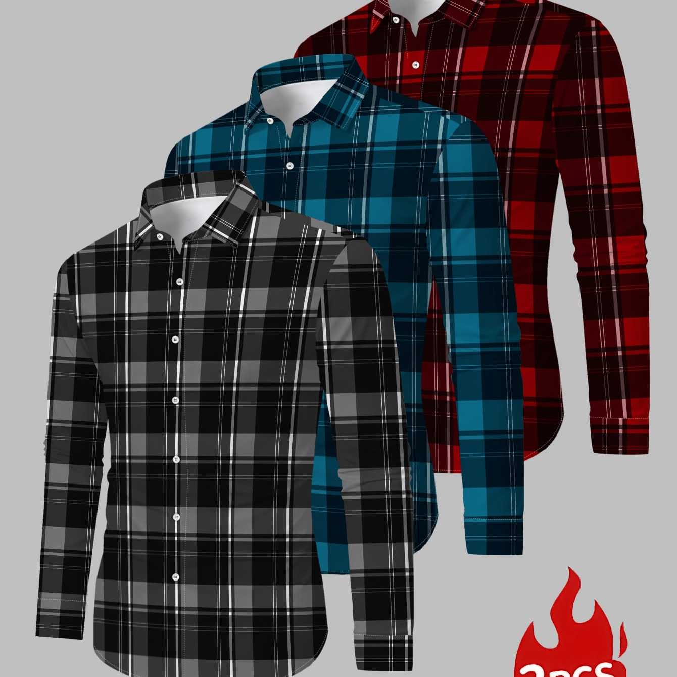 TEMU Men's Long Sleeve Plaid Shirt 3pcs Set, Fashionable Casual Slim Fit Lapel Shirt, Versatile Daily Top Set, 3pcs
