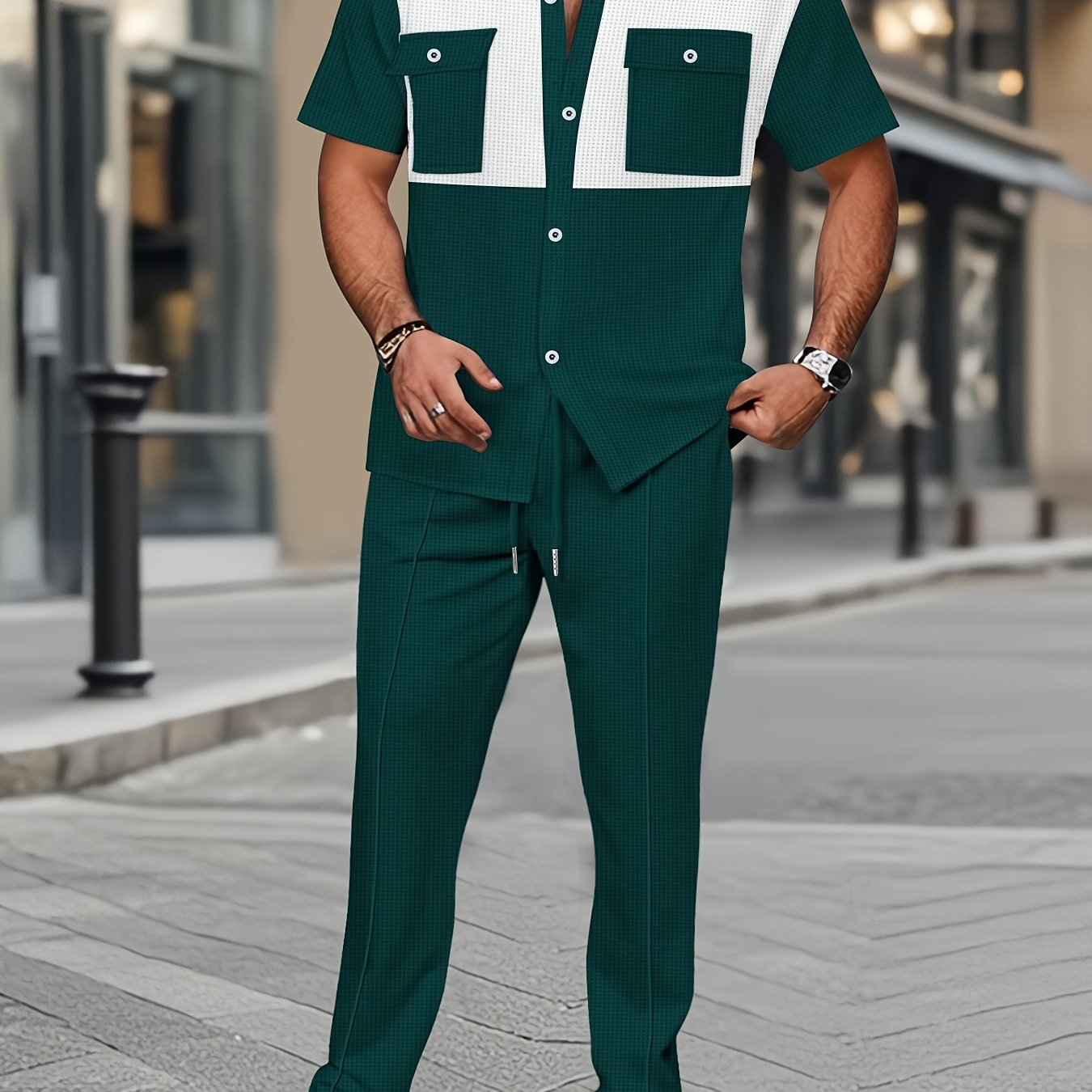 TEMU Ensemble Deux Pièces Homme pour l'Été, Tissu Couleur avec Poches Chemise à Manches Courtes + Pantalon Décontracté, Loisirs Légers Affaires