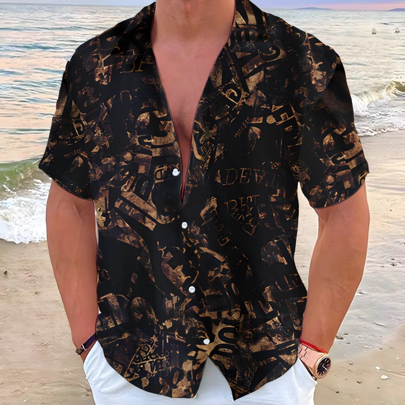 TEMU Men's Short Sleeve Shirt - Shirt With Full-body Print Collar, Machine Washable Suitable For & Young Men, Casual Wear For Beach Parties And