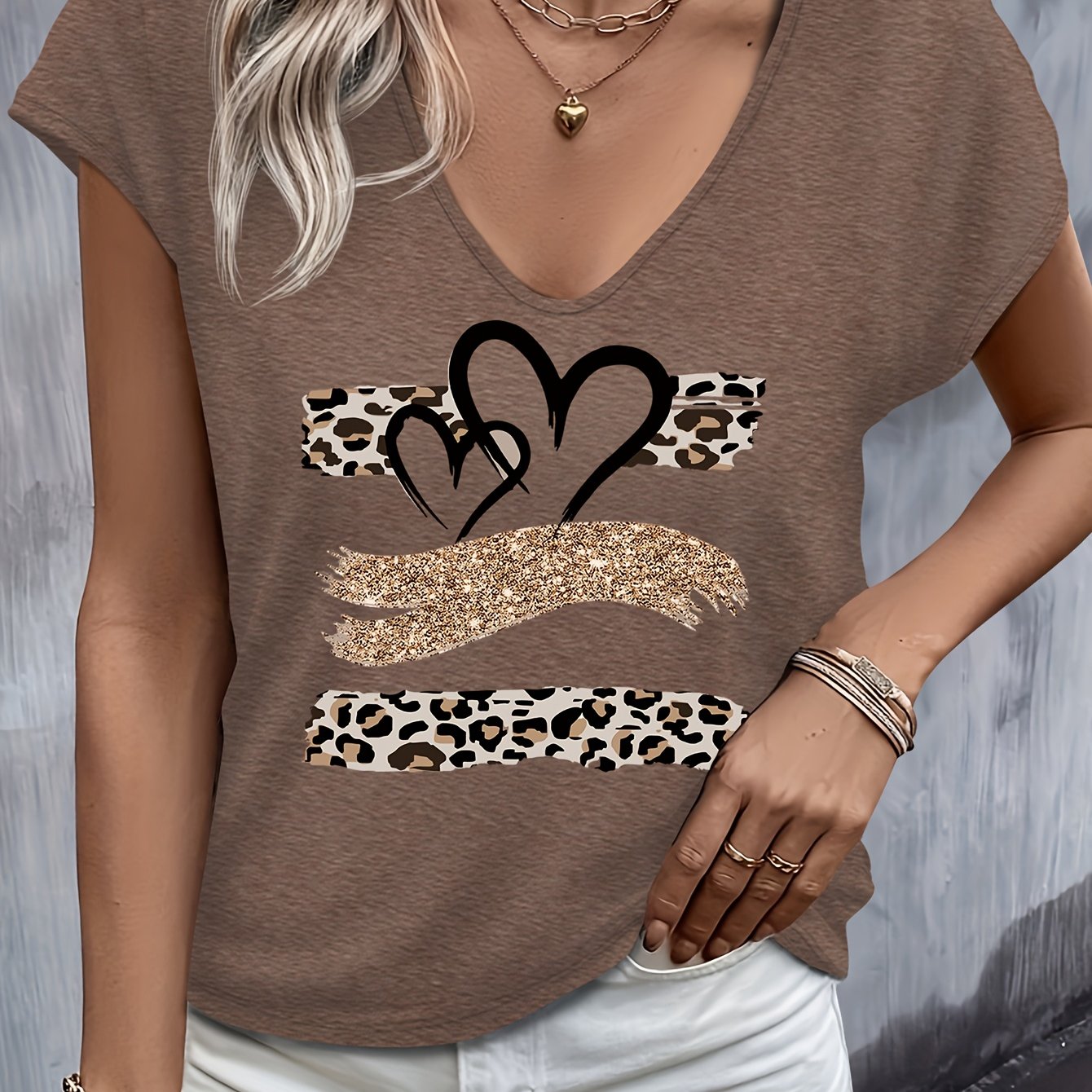 Heart-pattern Printed Casual Vest-style V-neck Racerback Short-sleeve T-shirt