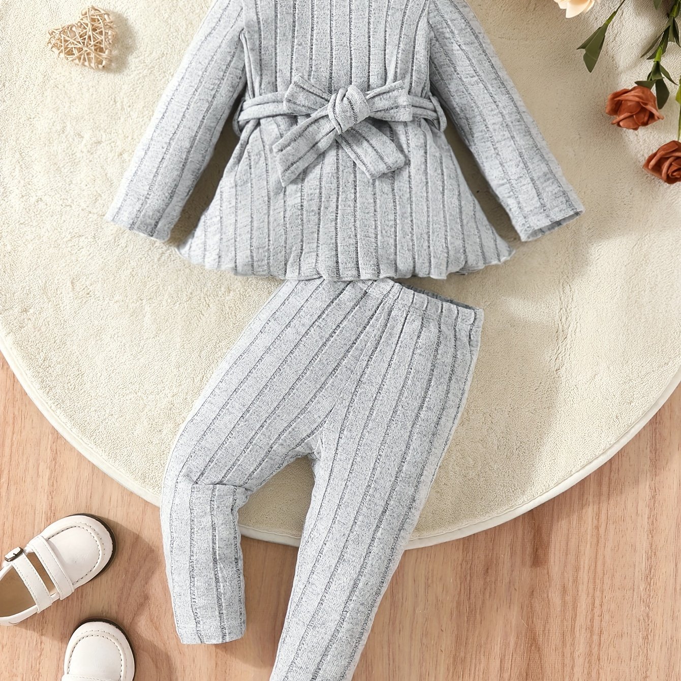 Girls' Spring/summer Large Bow Casual Knit Ribbed Outfit Set, Outdoor