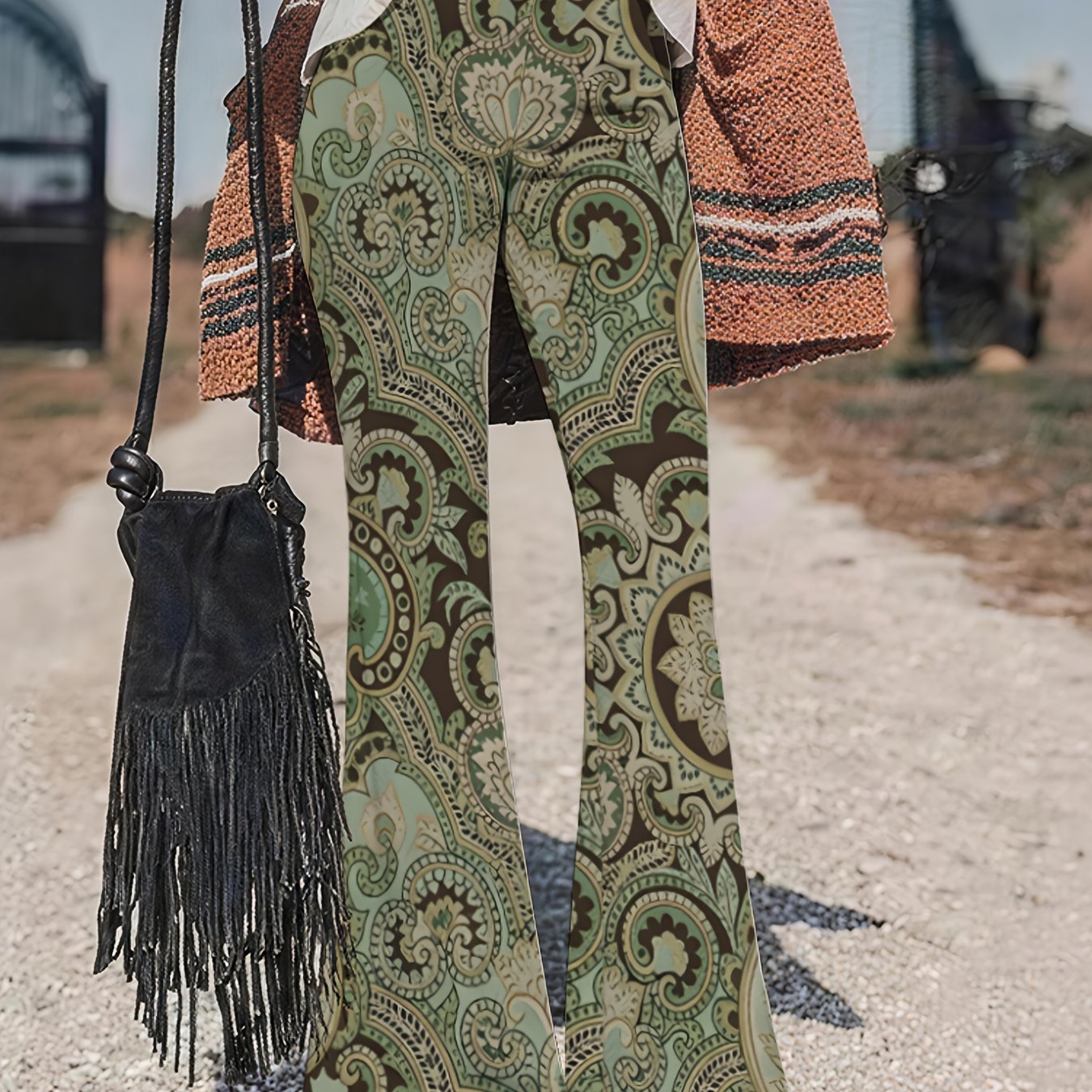 TEMU Women's Vintage Western Bohemian High-waisted Wide-leg Flared Bell-bottom Pants With Elastic Waist - Suitable For Casual, Party, Beach Wear,