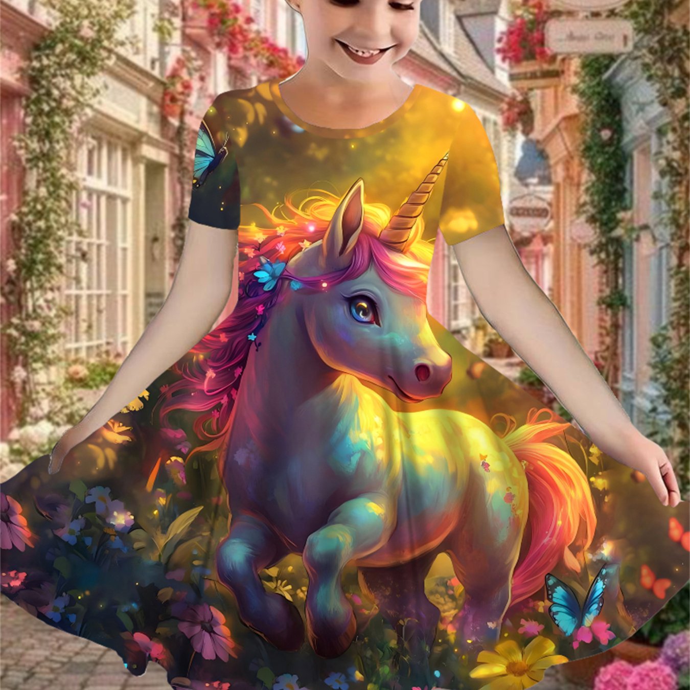 TEMU Girls' Casual Unicorn Short Sleeve Dress Fashion Floral Print Short Sleeve Novelty Dress Vibrant Spring Summer Trendy Princess Dress