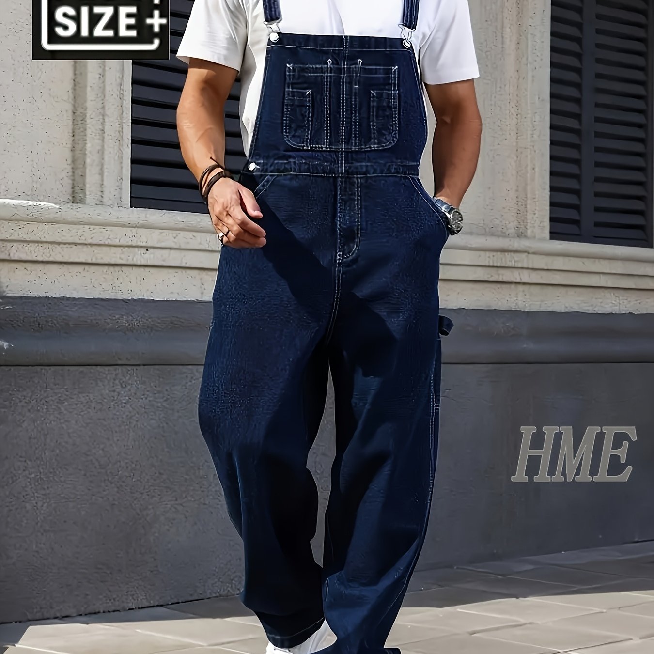 Image of Hem - Men's Plus Size Denim Overalls, Large Loose-fit Casual Workwear Style, Multi-, Suitable For Casual And Outdoor Wear - Tall Jumpsuit