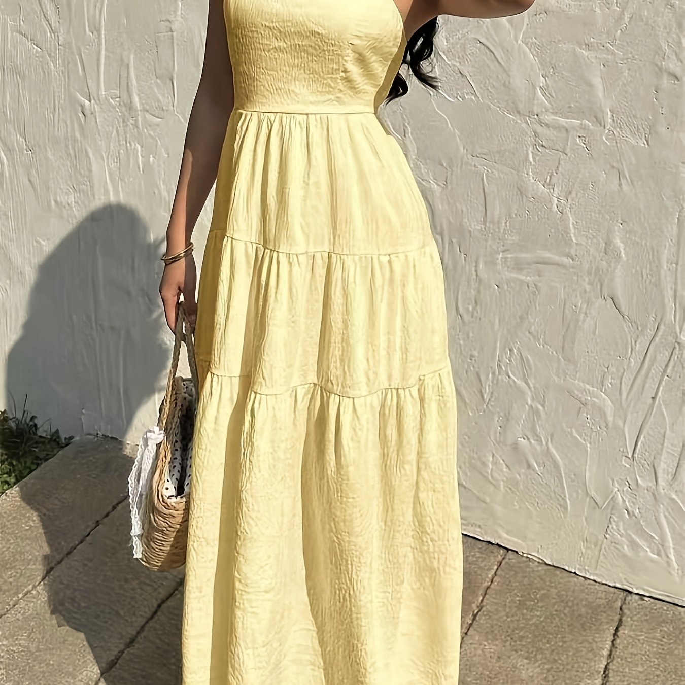 TEMU Elegant Exquisite Stylish Women's Dress Bridesmaid Gown, Spaghetti Strap Off-the-shoulder Design With Back Smocking Waist-cinched, A-line Ruched