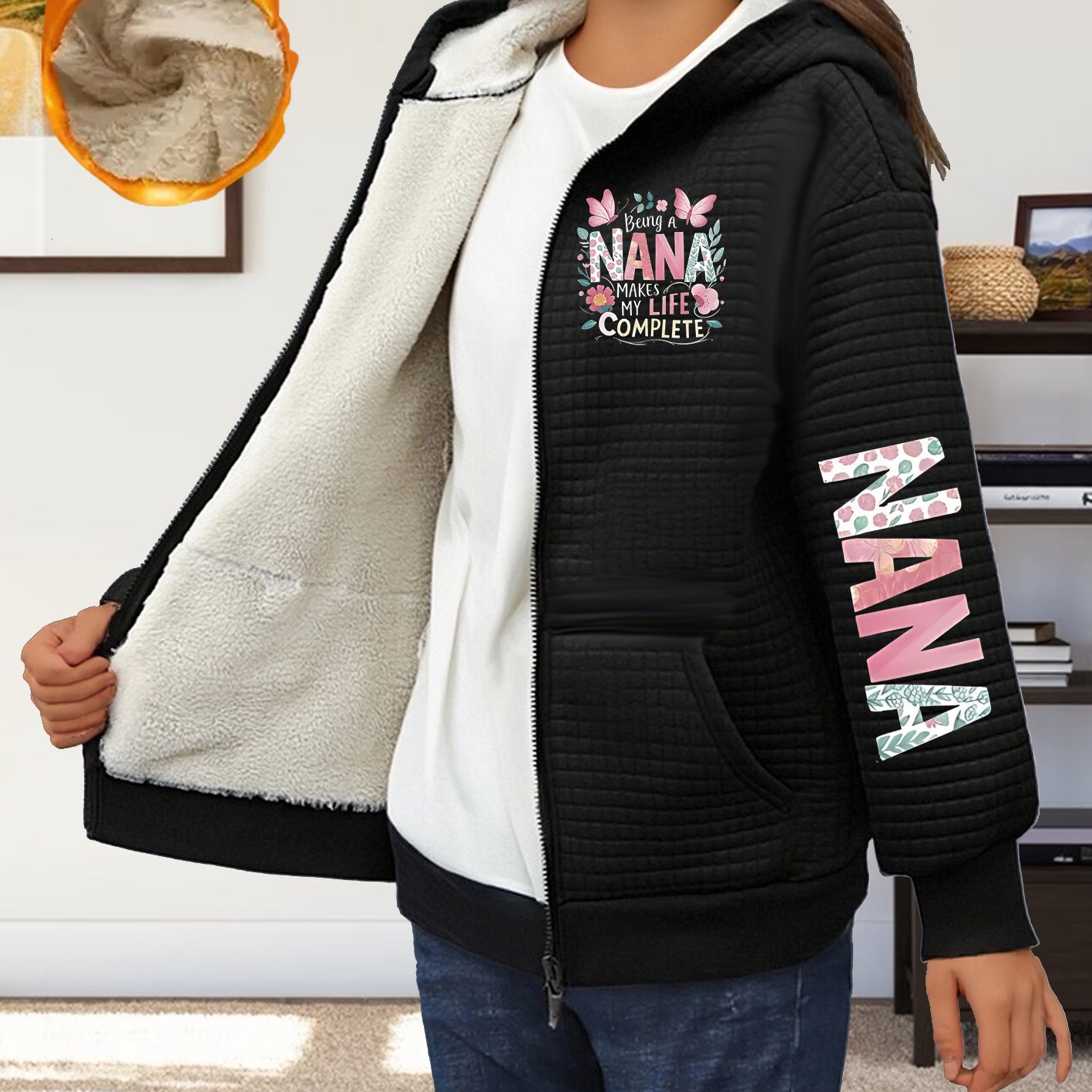 TEMU Women's Casual Hooded -lined Waffle Jacket With Letter Floral Print, Long Sleeve, Soft And Stretchy, Loose Fit With Geometric Pattern