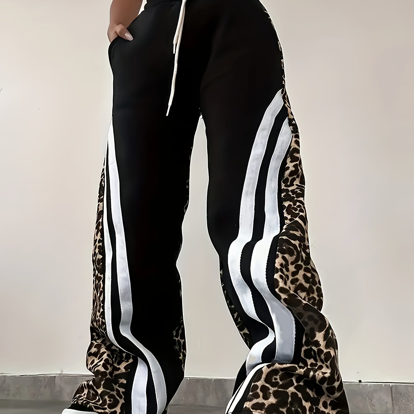 Plus Size - Plus Size - Plus Size Leopard Print Side Stripe Casual Wide-leg Pants