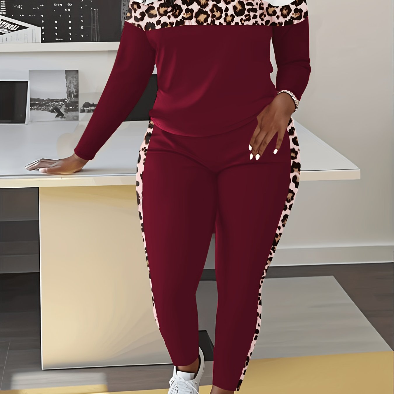 TEMU Set 2 pezzi / casual con stampa leopardata patchwork, , maniche lunghe e pantaloni lunghi